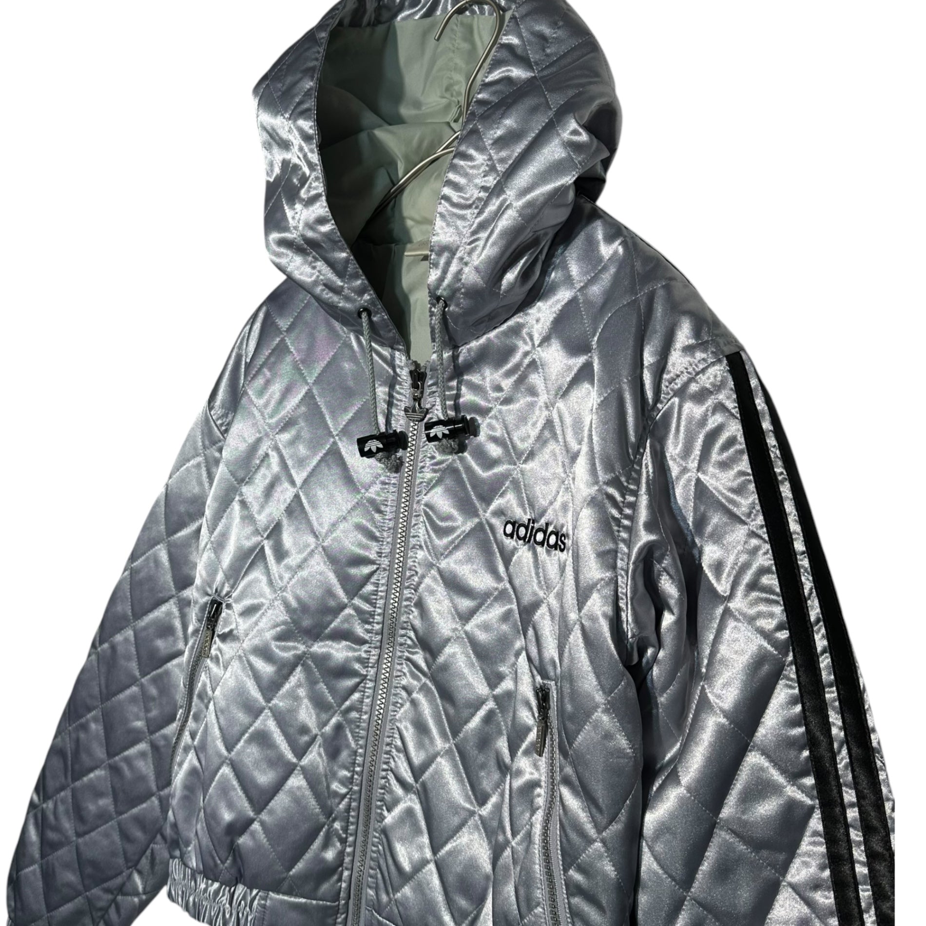 adidas(アディダス) 90's Short Length Quilted Hooded Jacket ショート丈 キルティング フーデッド ジャケット AA-6170W L シルバー 90年代 古着 ヴィンテージ デサント製