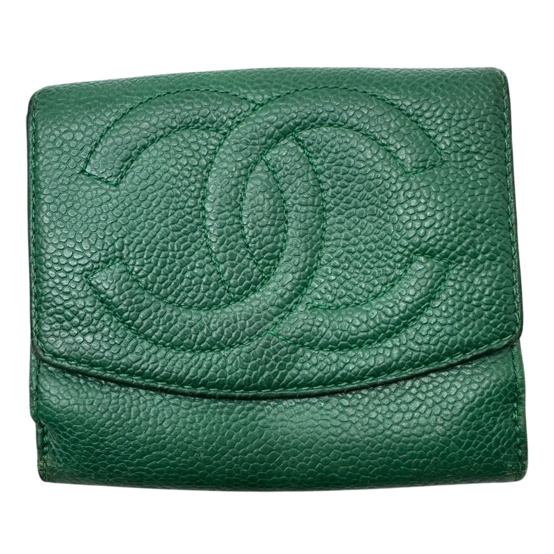 CHANEL(シャネル) 90's キャビア スキン ココマーク 3つ折り 財布 Caviar skin Coco mark tri-fold wallet グリーン 2893724