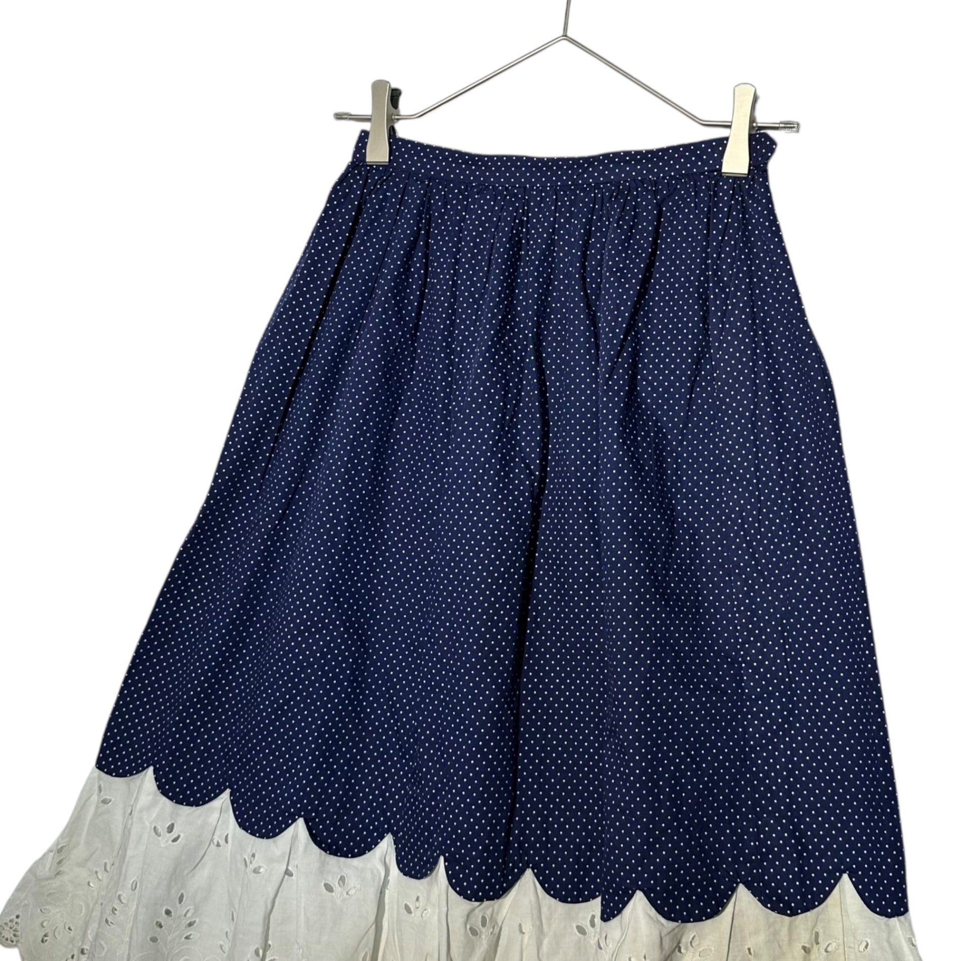 Euro vintage(ヨーロッパヴィンテージ) 70's~ Mizutama_dot printed knee length skirt with embroidery lace 水玉とエンブロイダリーレースのひざ丈スカート 表記無し(S~M程度) ブルー×ホワイト