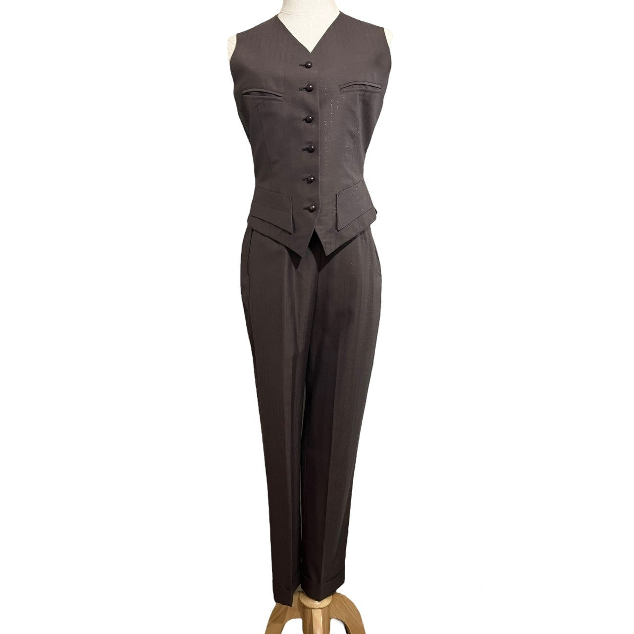 Jean Paul GAULTIER FEMME(ジャンポールゴルチエファム) 90's Lame stripe gilet setup ラメ ストライプ ジレ セットアップ 40(L程度) ブラウン スラックス ベスト