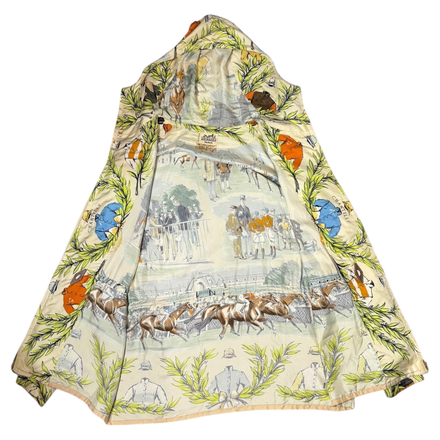 HERMES(エルメス) 90's ”maurice taquoy” Silk Scarf Hooded Jacket 競走馬 シルク スカーフ フーデッド ジャケット 40(L程度) アイボリー×オレンジ 90年代 ヴィンテージ エルメスジャポンタグ メンズ着用可能サイズ アーカイブ