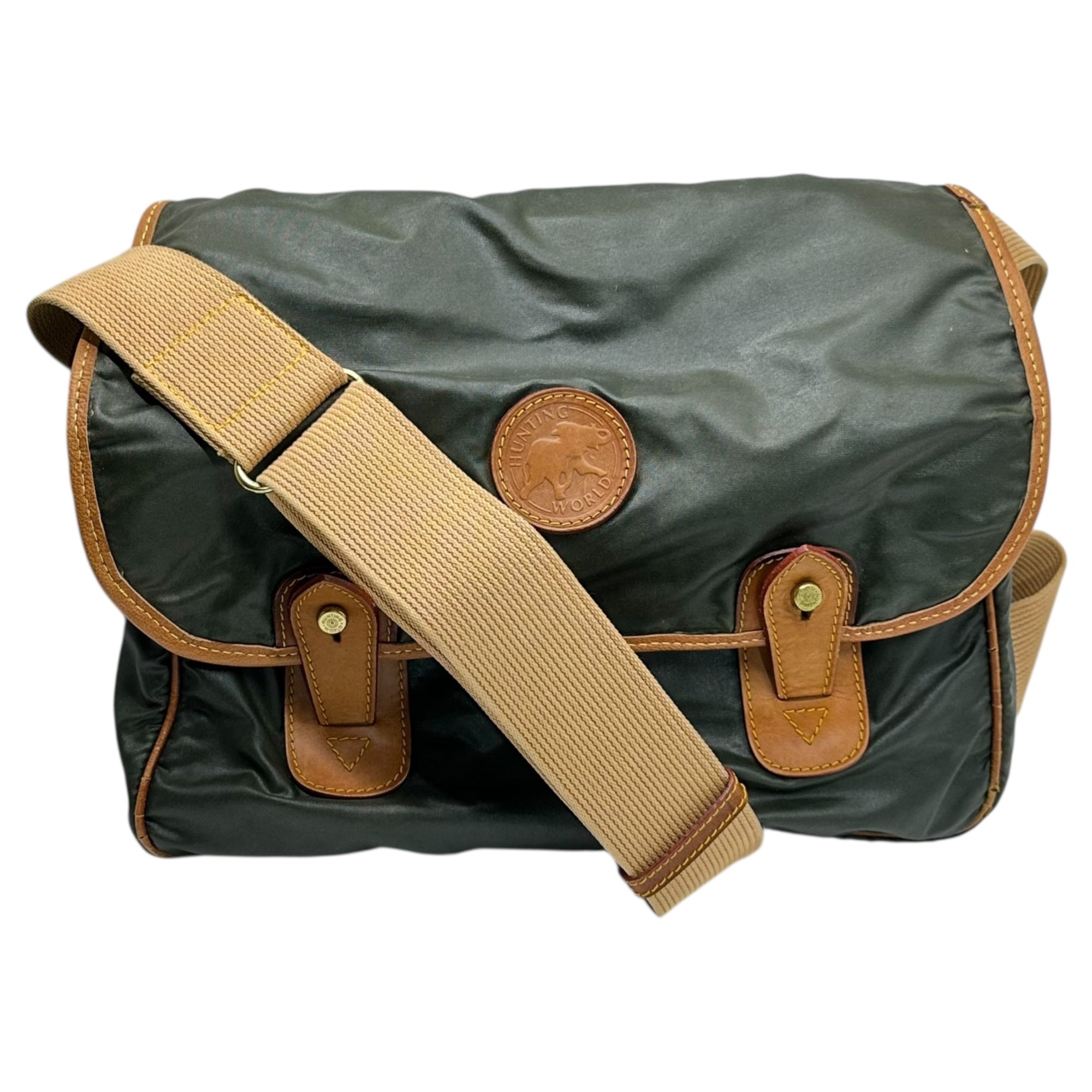 HUNTING WORLD(ハンティングワールド) Nylon leather messenger shoulder bag ナイロン レザー メッセンジャー ショルダー バッグ グリーン×ブラウン