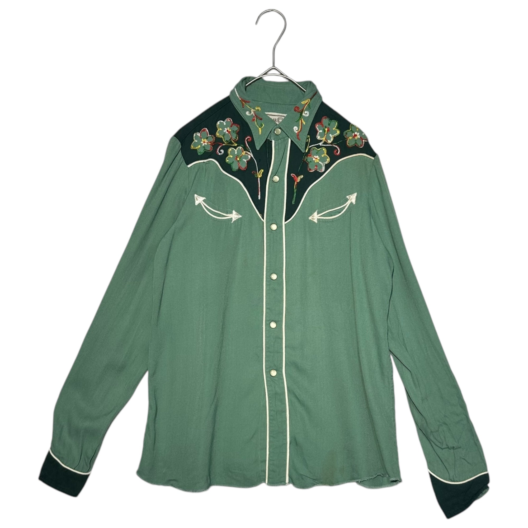 H BAR C(エイチバーシー) 50's~60's Flower Embroidery Western Shirt フラワー 刺繍 長袖 ウエスタン シャツ 16 ライトグリーン 50年代~60年代 ヴィンテージ 古着