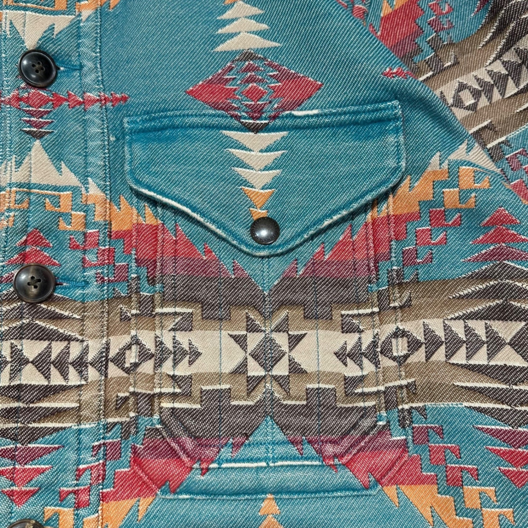 RRL(ダブルアールエル) NATIVE JACQUARD OVER SHIRT ネイティブ柄 コットン ジャガード エルボーパッチ シャツ ジャケット S ターコイズブルー×ブラウン