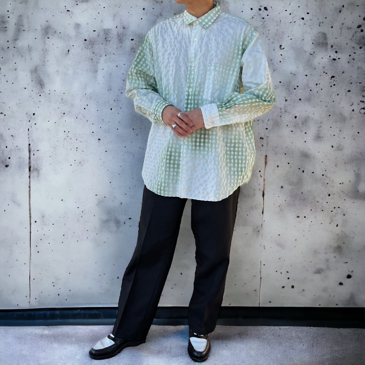 COMME des GARCONS HOMME(コムデギャルソンオム) 90's waffle embossing gradation check shirt/ワッフル型押しグラデーションチェックシャツ/田中啓一 HB-040050 SIZE FREE ホワイト×グリーン AD1998 田中オム