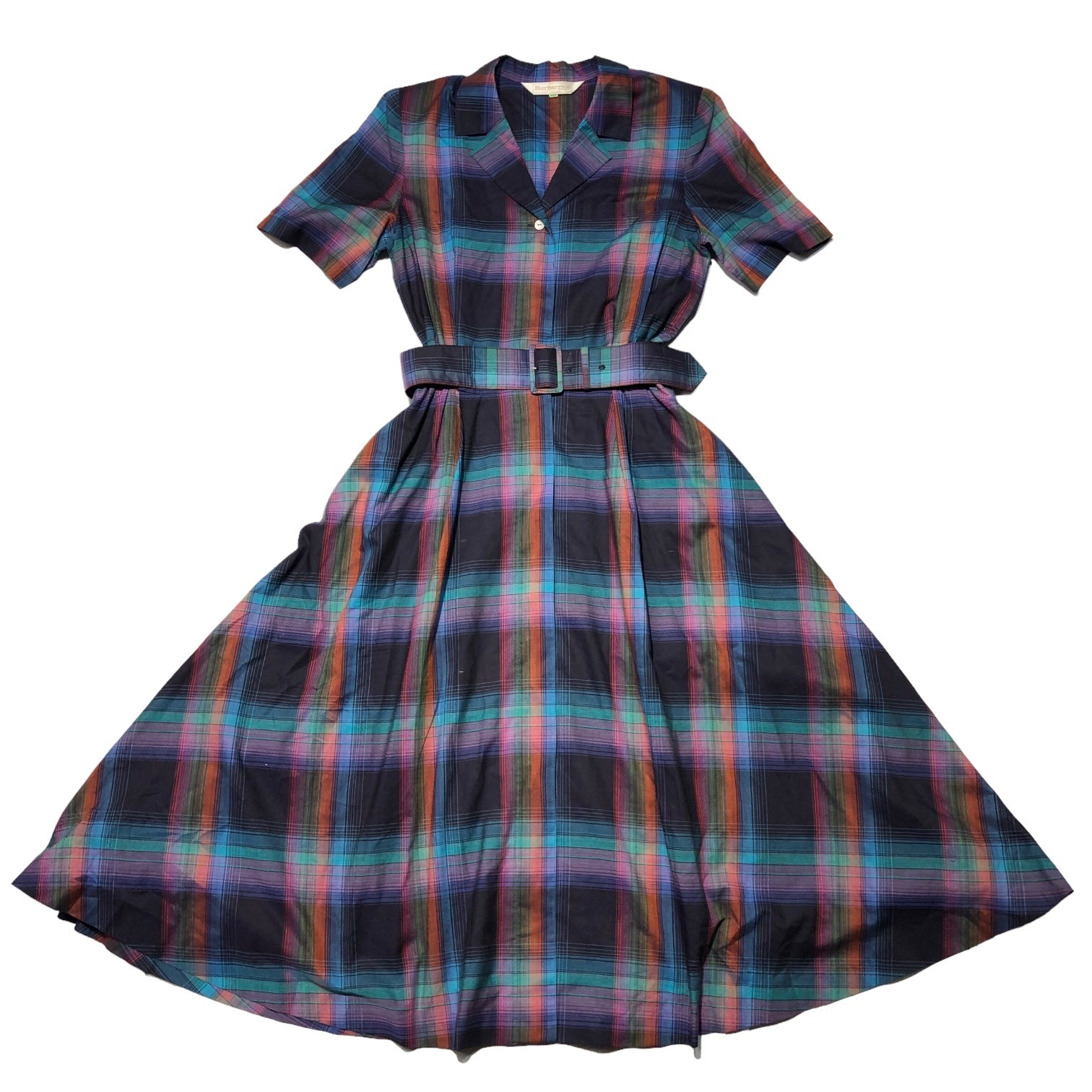 Burberrys(バーバリーズ) 80's~90's ウエストギャザーチェックシャツワンピース/半袖/ヴィンテージ FM067-655 9AR パープル×ネイビー
