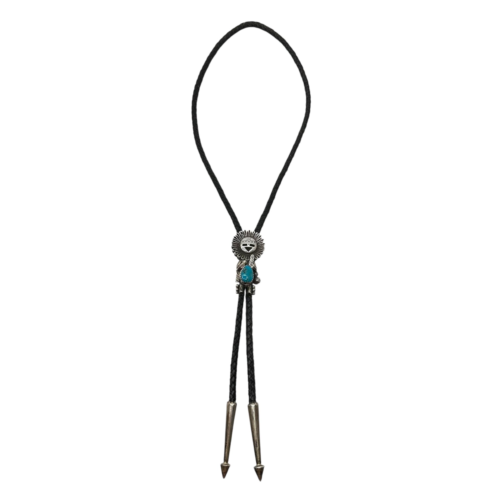 Indian Jewelry(インディアンジュエリー) 925 Sunface leather bolo tie サンフェイス ターコイズ レザー ボロタイ ブラック アロー刻印 弓矢