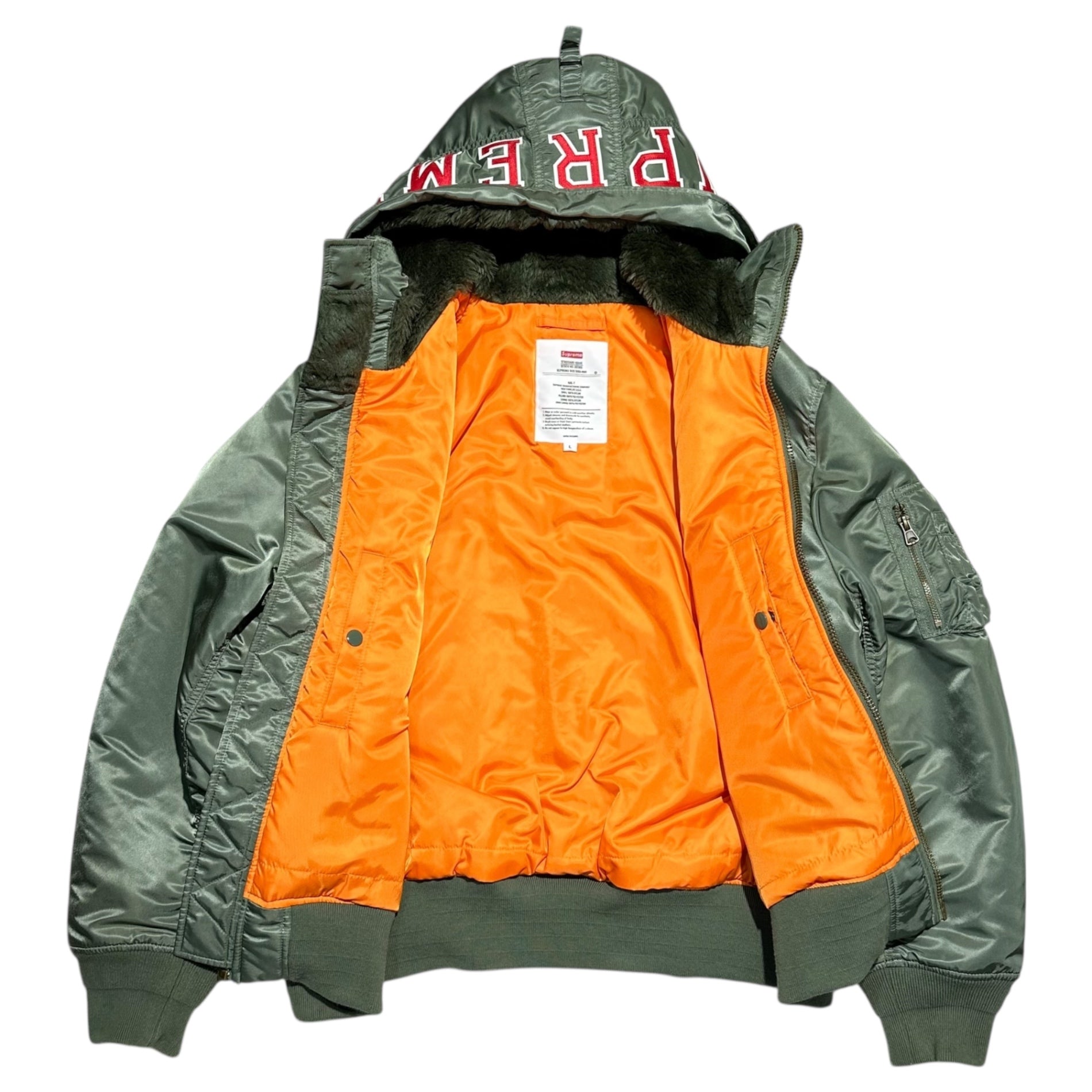 SUPREME(シュプリーム) 21AW Hooded MA-1 フーデット ミリタリー ボンバー ジャケット L オリーブ 21FW ロゴ フライト