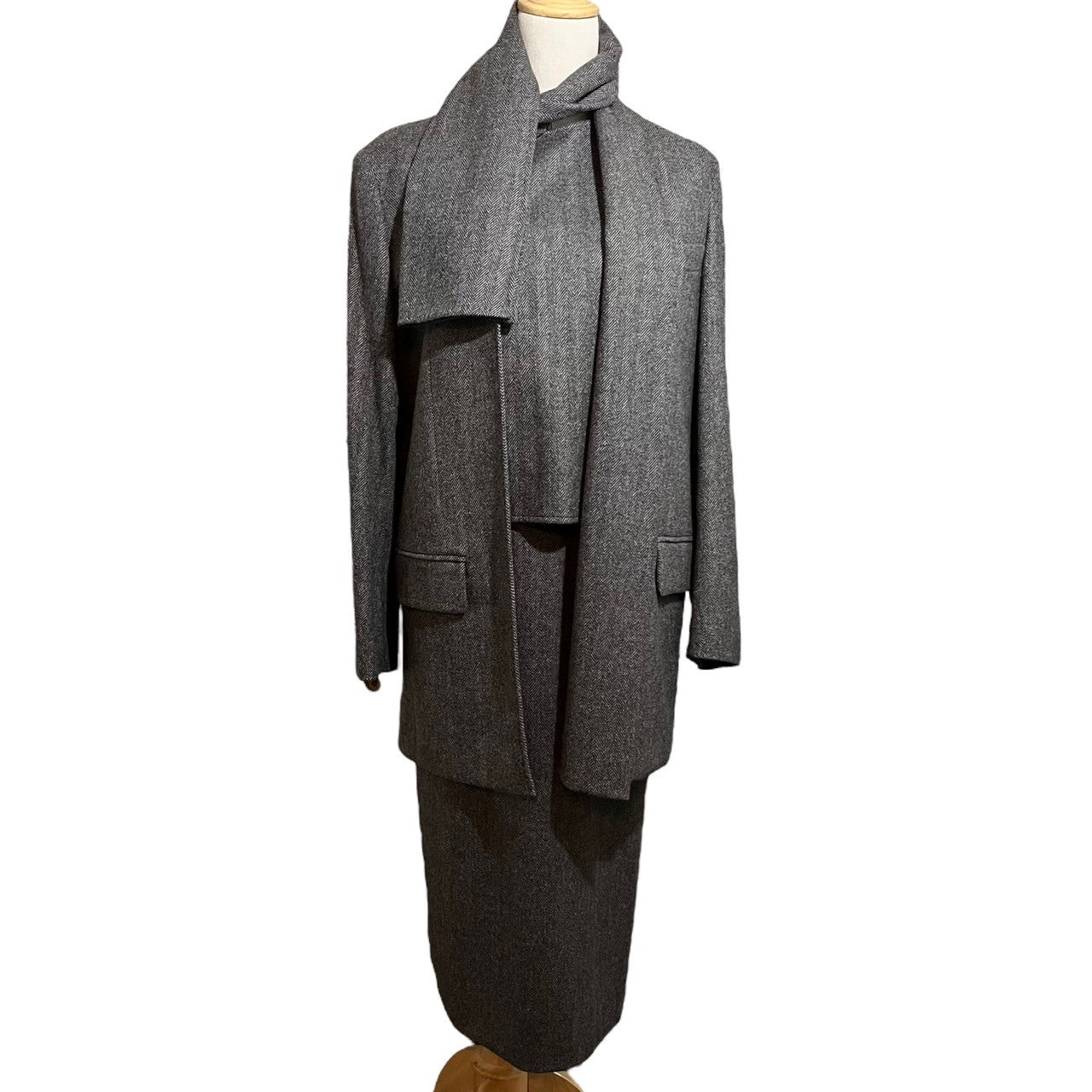 HERMES(エルメス) By margiela 3P Tweed stole jacket setup ツイード ストール ジャケット セットアップ マルジェラ期 36(M程度) ブラウン ノースリーブ ブラウス タイト ロング スカート テーラード ノーカラー ジャケット アーカイブ