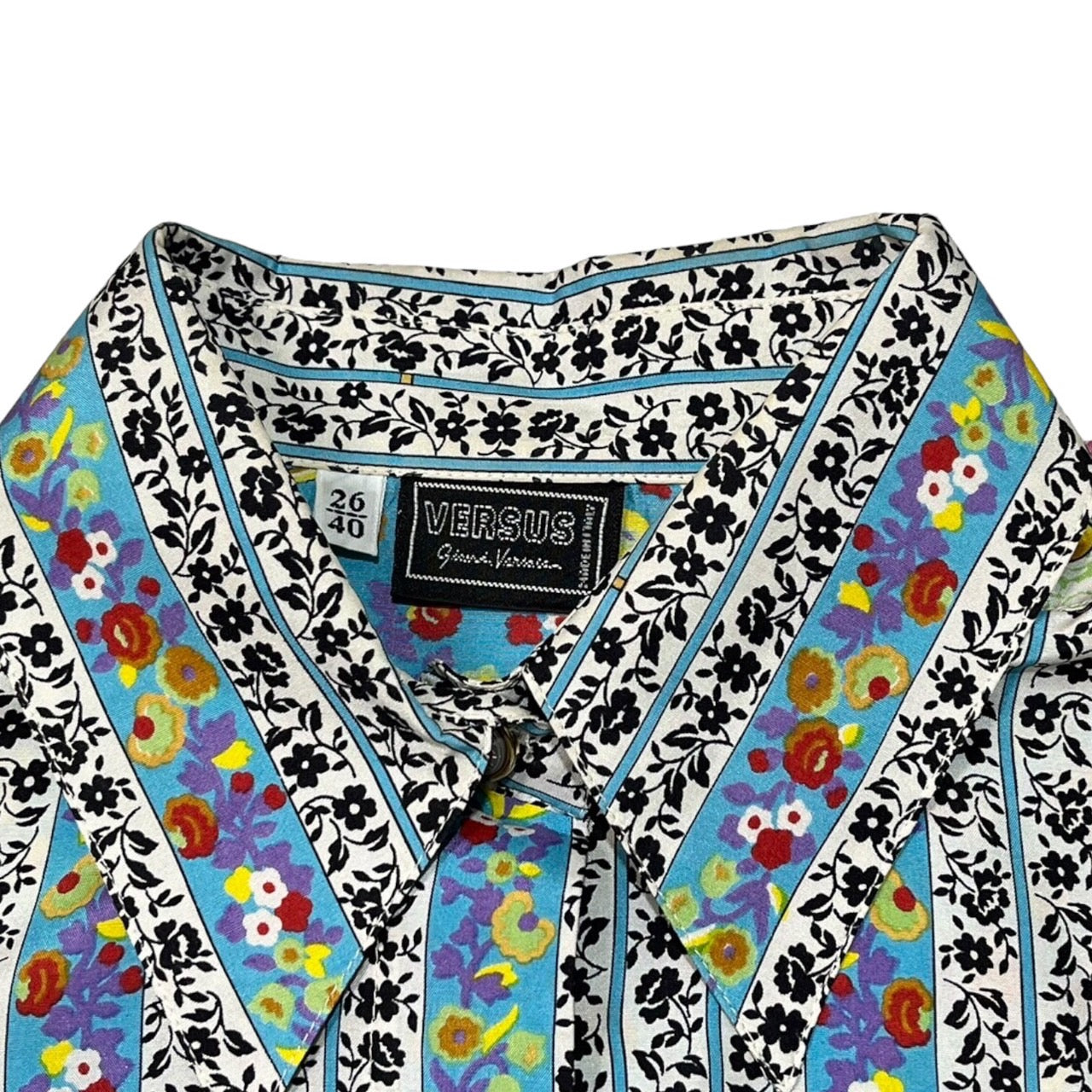 VERSUS VERSACE(ヴェルサスヴェルサーチ) 90~00's allover scarf shirt/総柄スカーフシャツ/デザインボタン/ヴィンテージ SIZE 40/26(Lサイズ程度) ブルー×ピンク シルク100%/フラワーストライプ