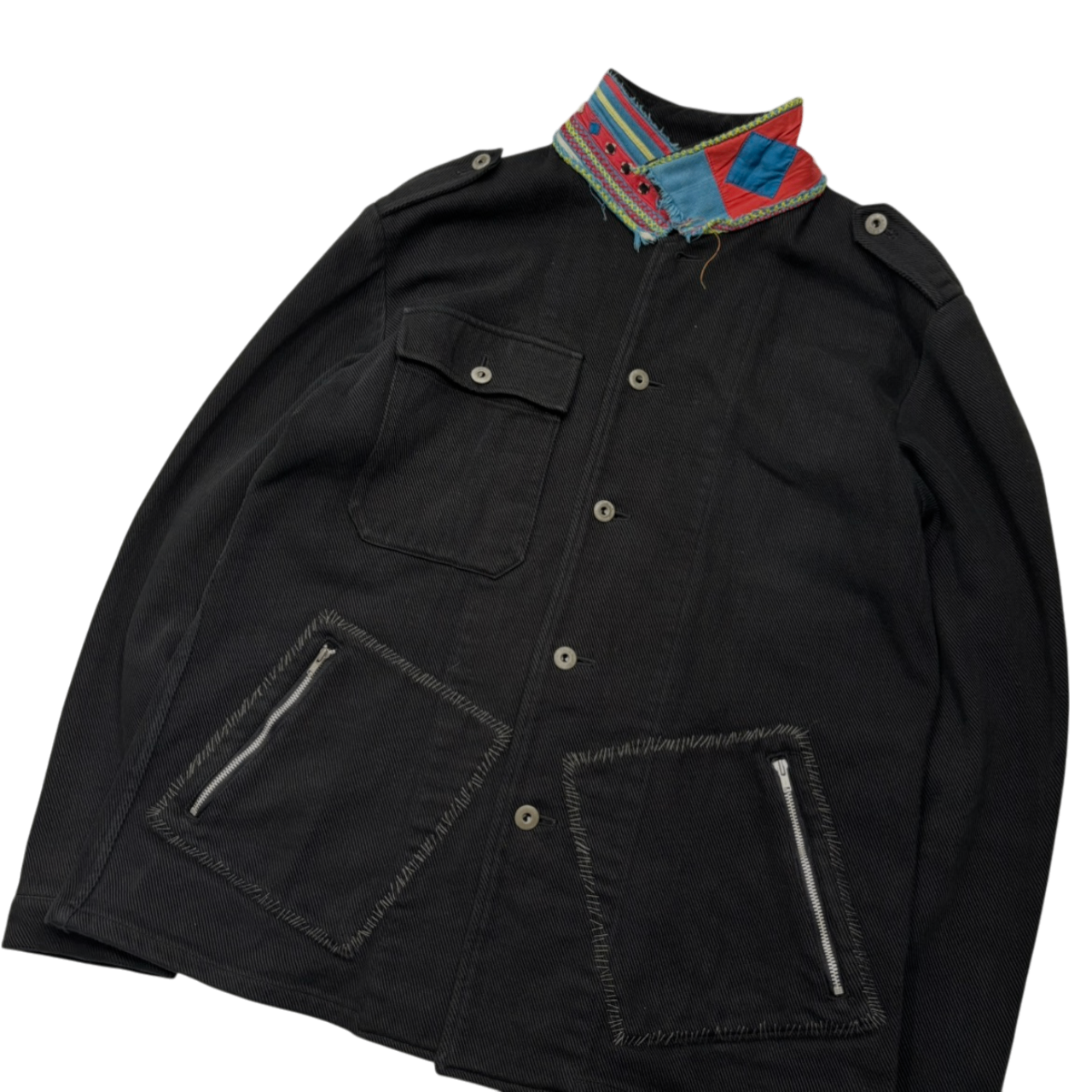 UNDERCOVERISM(アンダーカバイズム) 03SS SCAB Period Afghan Collar Panel Grunge Stitch Jacket SCAB期 襟アフガン切替 グランジ ステッチ ジャケット L ブラック×ブルー 稀少アイテム