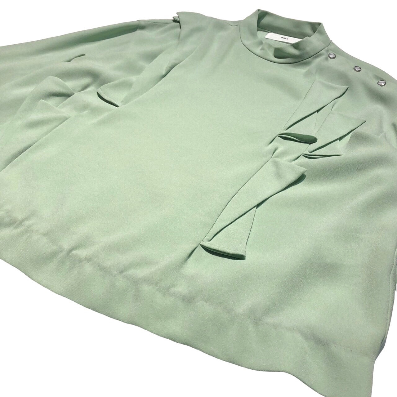 TOGA PULLA(トーガプルラ) mock neck ruffle blouse モック ネック フリル ブラウス カットソー 長袖 ミント グリーン 36(S程度)