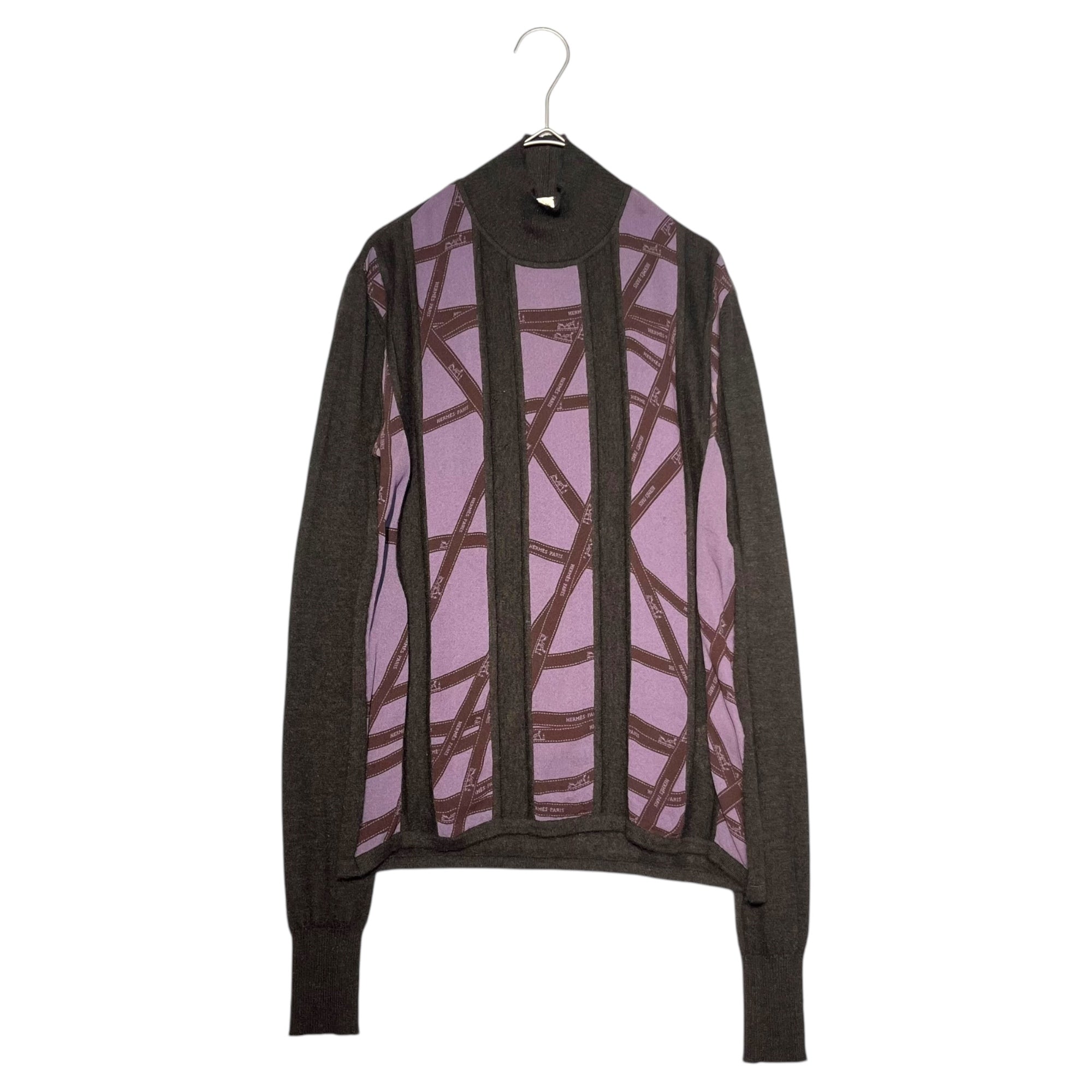 HERMES(エルメス) BY GAULTIER Ribbon tape silk scarf cashmere knit リボンテープ シルク スカーフ 切替 カシミア ニット SM ブラウン×パープル ゴルチエ期