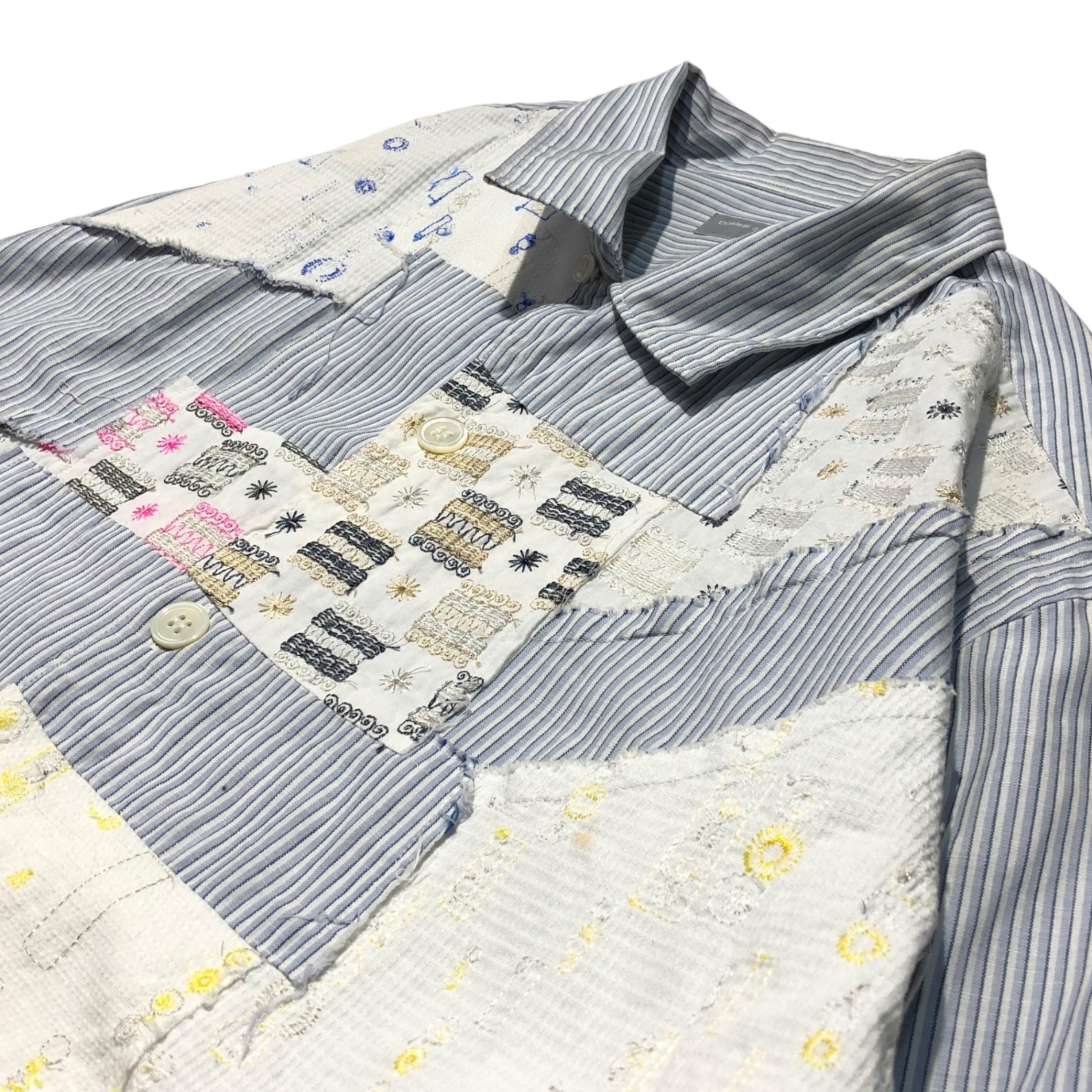 COMME des GARCONS HOMME(コムデギャルソンオム) Old patchwork striped overshirt オールド パッチワーク ストライプ オーバーシャツ 田中オム 表記無し(FREE) ブルー×マルチカラー AD2002 開襟(オープンカラー)