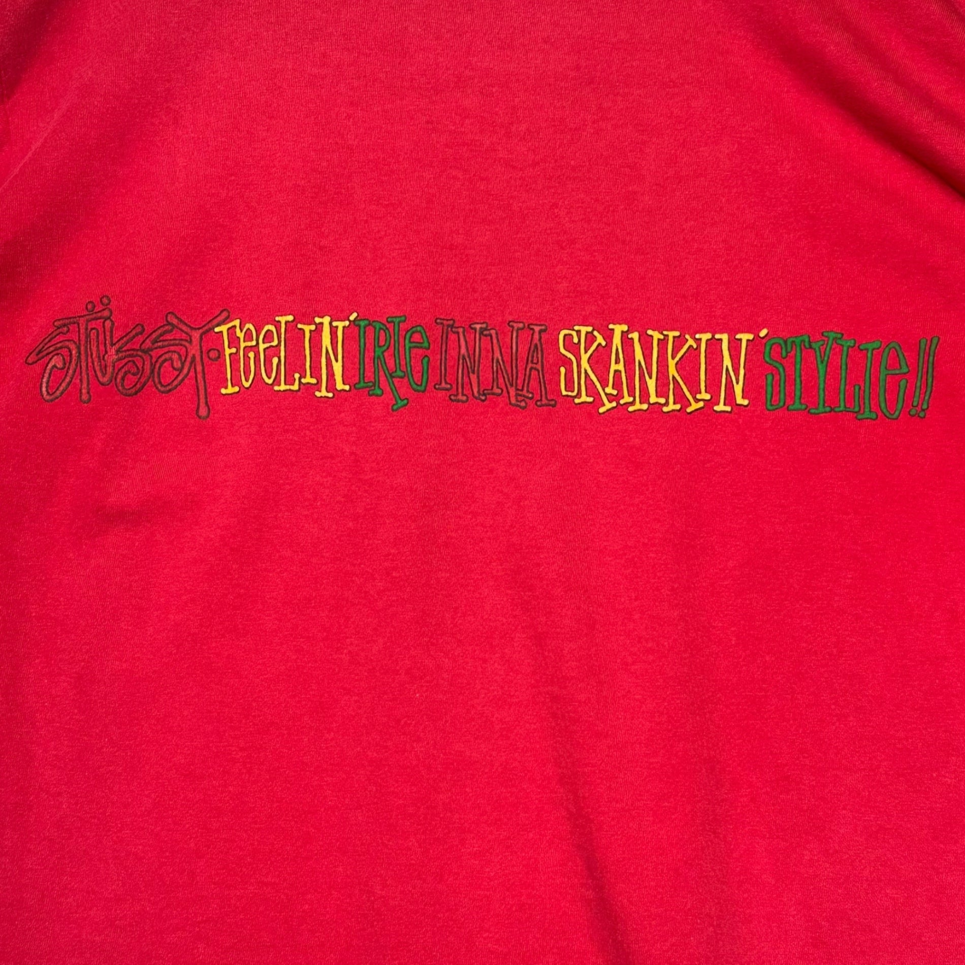 STUSSY(ステューシー) 80's FeeLIN' IRIe INNA SKANKIN' STYLe! Printed T-shirts ラスタ プリント Tシャツ L レッド 80年代~90年代 ヴィンテージ OLD 黒タグ