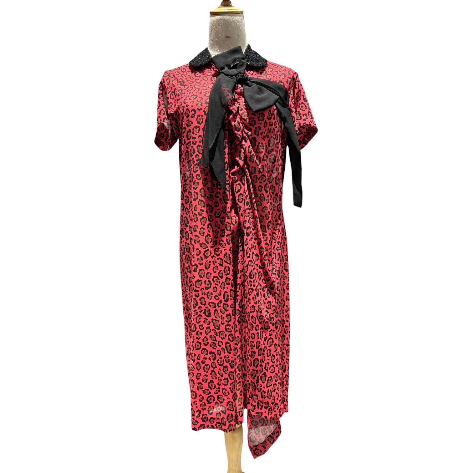tricot COMME des GARCONS(トリココムデギャルソン) 12SS Sequin Collar Leopard Print Ribbon Blouse スパンコールカラー レオパード リボン ブラウス TI-O014 M レッド×ブラック AD2011