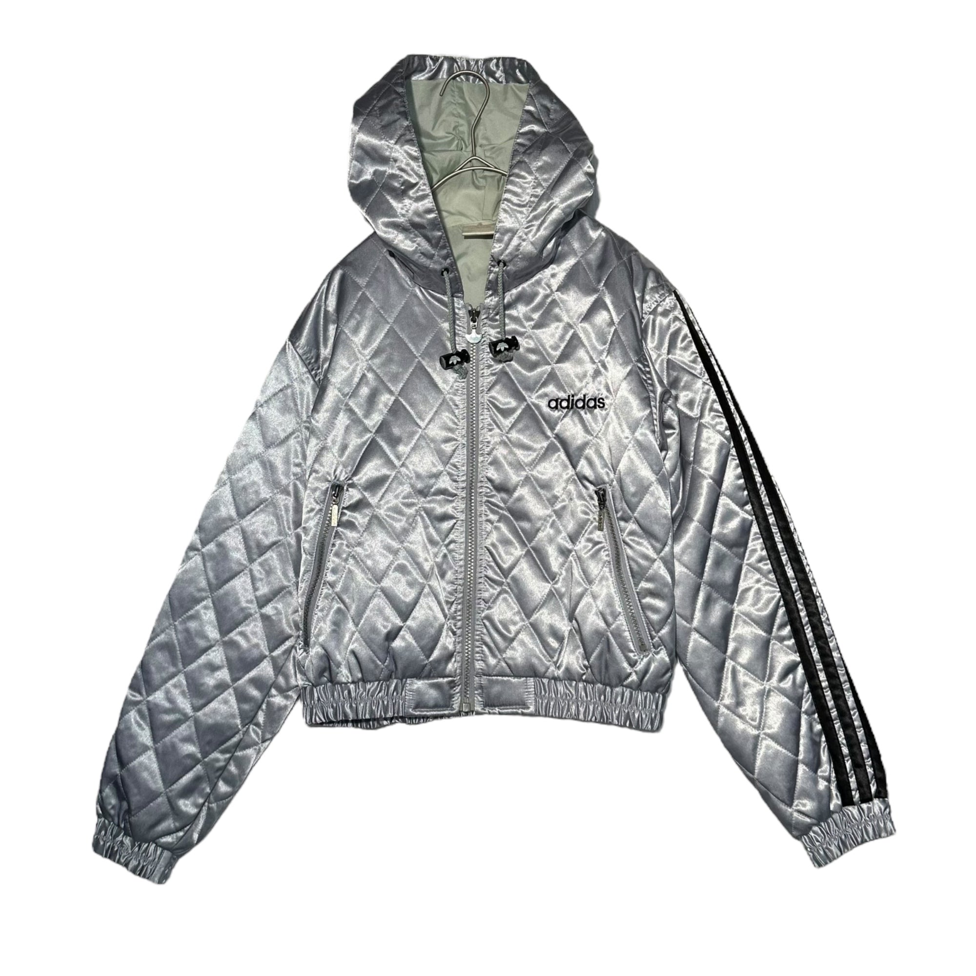 adidas(アディダス) 90's Short Length Quilted Hooded Jacket ショート丈 キルティング フーデッド ジャケット AA-6170W L シルバー 90年代 古着 ヴィンテージ デサント製