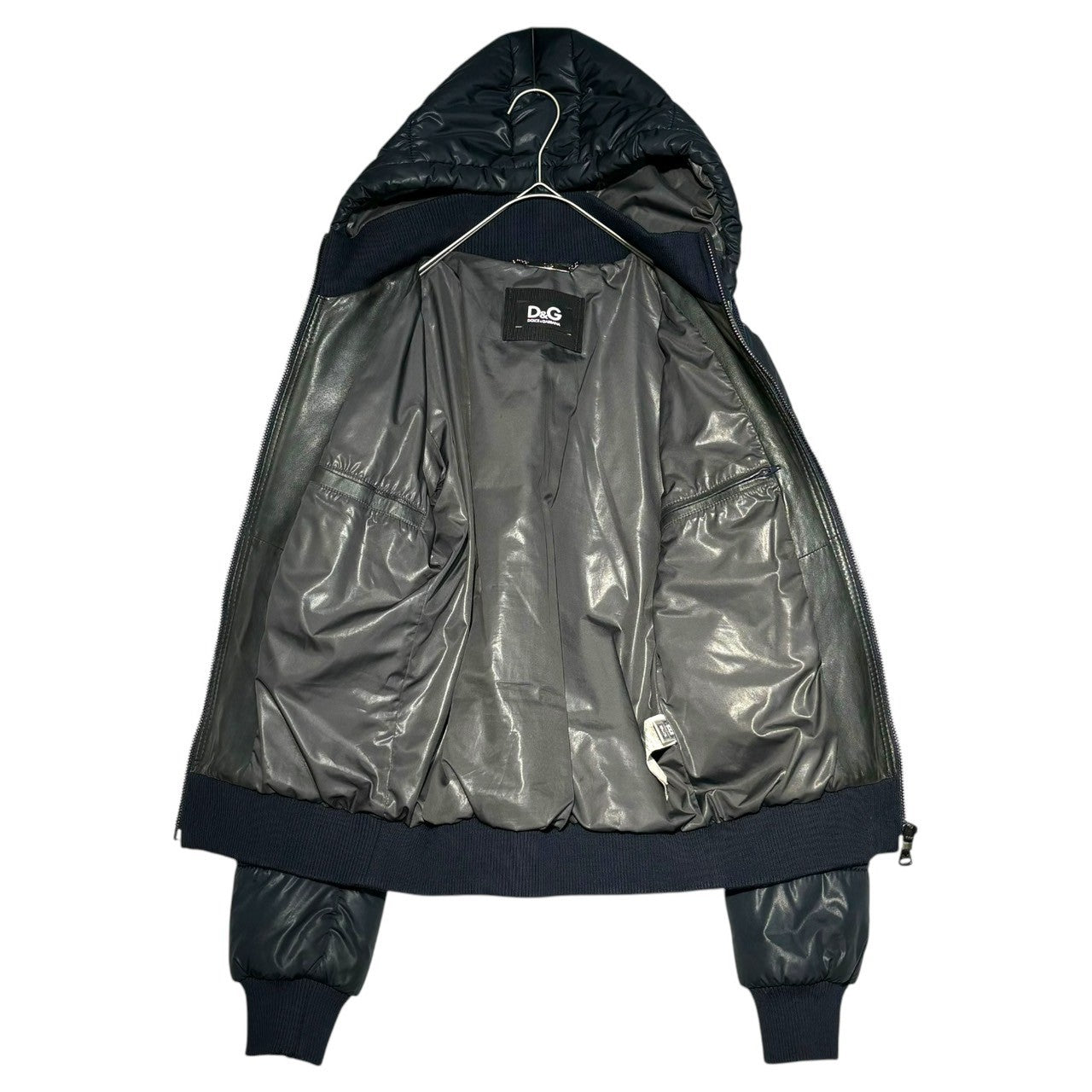 D&G(ディー&ジードルガバドルチェ&ガッバーナ) Lambskin switching padding hooded jacket ラムスキン 切替 中綿 フーデッド ジャケット レザー RB0563/SE320 44 ネイビー