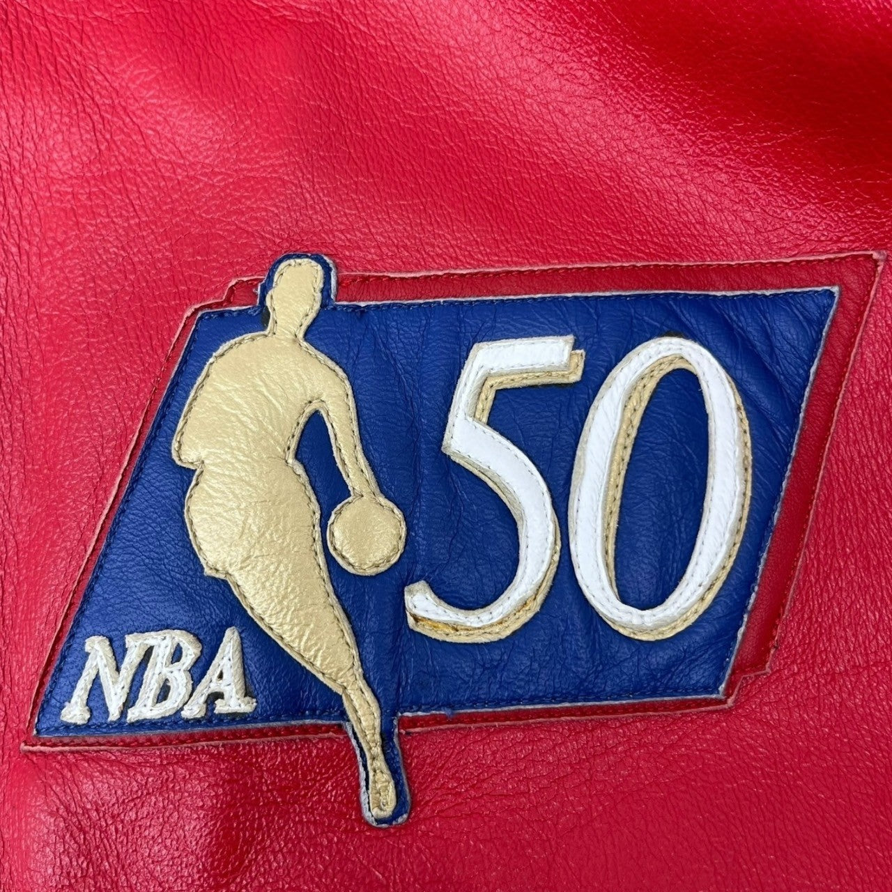 Jeff Hamilton(ジェフハミルトン) 1996 "NBA 50" BULLS Leather LIMITED EDITION JACKET ブルズ レザー スタジアム ジャケット L レッド×ホワイト 90's 90年代 スタジャン 90年代 マイケル ジョーダン ジェフハミルトンサイン入り