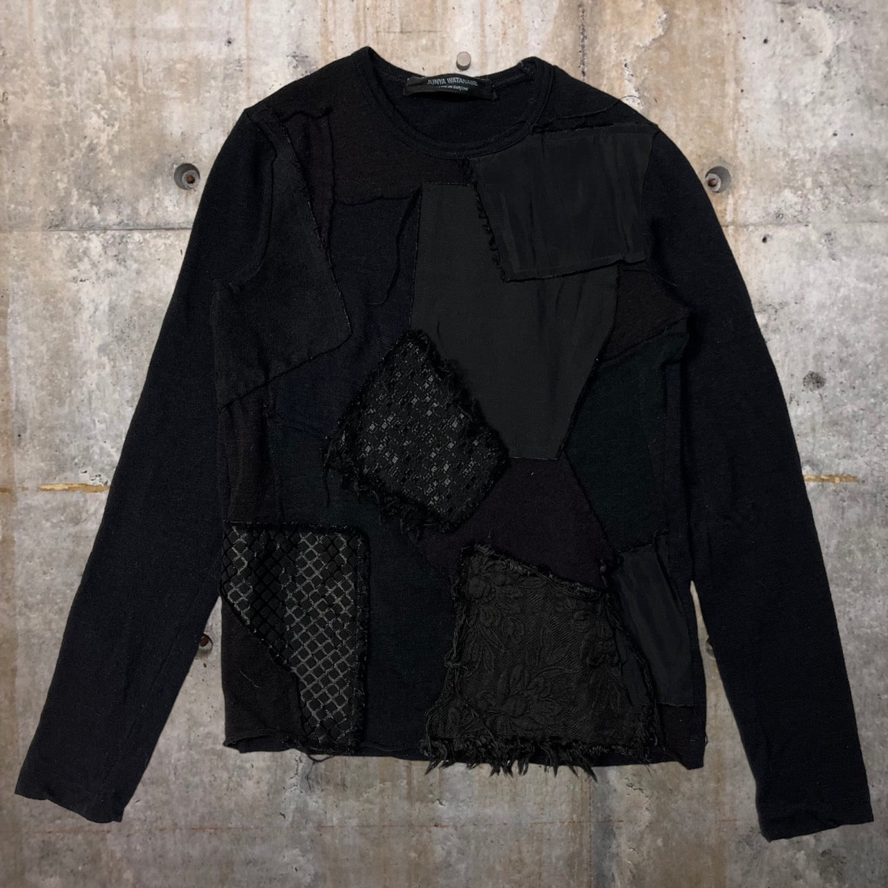 COMME des GARCONS JUNYA WATANABE(コムデギャルソンジュンヤワタナベ) 02AW patchwork wool full  cut and sew/パッチワークウール縮絨後染めカットソー JG-T016 FREE ブラック AD2002　最初期