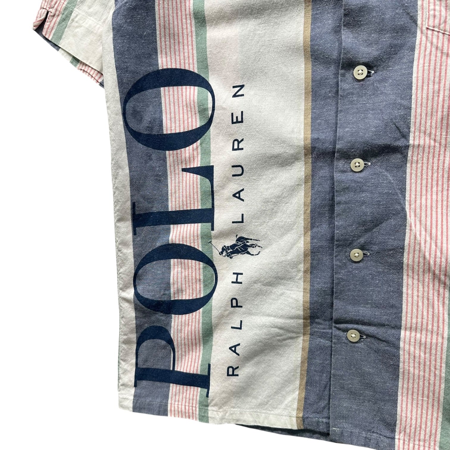 POLO RALPH LAUREN(ポロラルフローレン) Side Logo Stripe Open-Collar Shirt サイド ロゴ ストライプ オープンカラー シャツ 開襟 S ブルー×ピンク