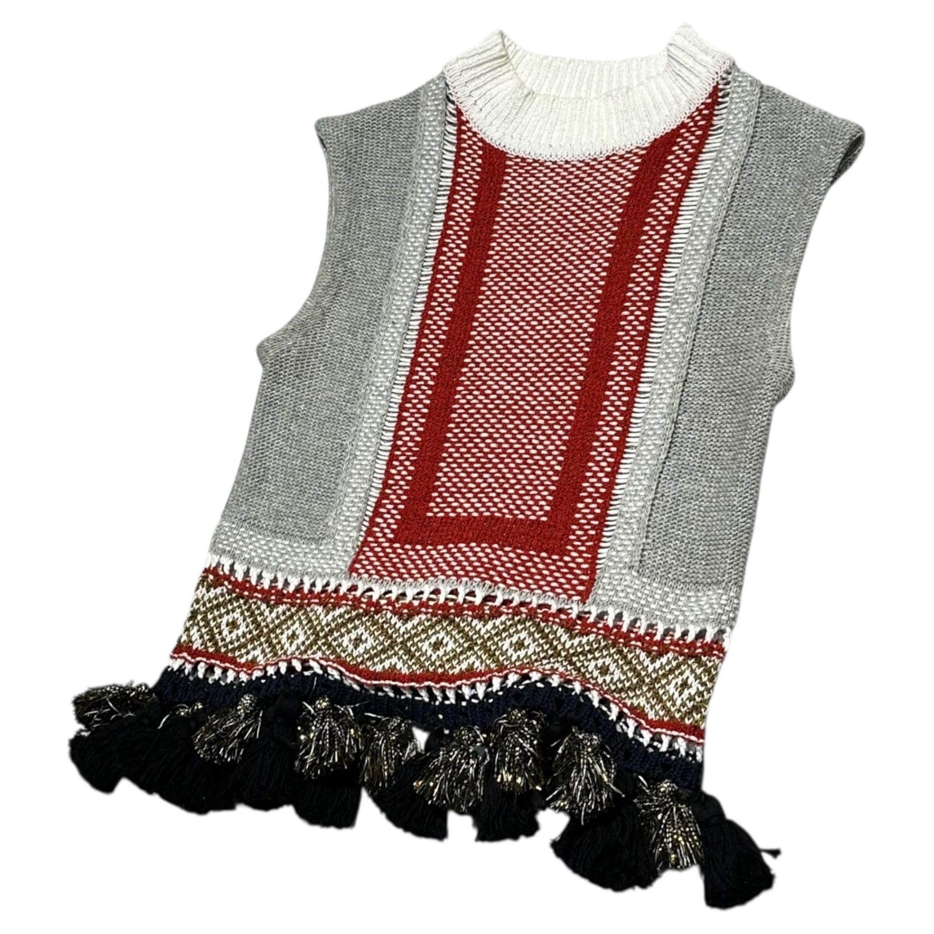 mame kurogouchi(マメクロゴウチ) 18SS Ethnic Pattern Sleeveless Fringe Knit エスニック柄 ノースリーブ フリンジ ニット MM18SS-KN053 1 グレー×レッド ベスト