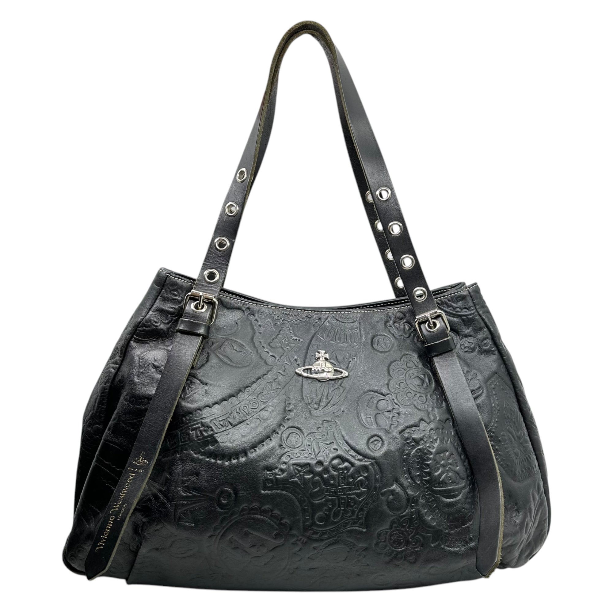 Vivienne Westwood(ヴィヴィアンウエストウッド) Orb logo embossed leather handbag オーブ ロゴ 型押し レザー ハンドバッグ ブラック 肩掛け ドクロ 星 ペイズリー