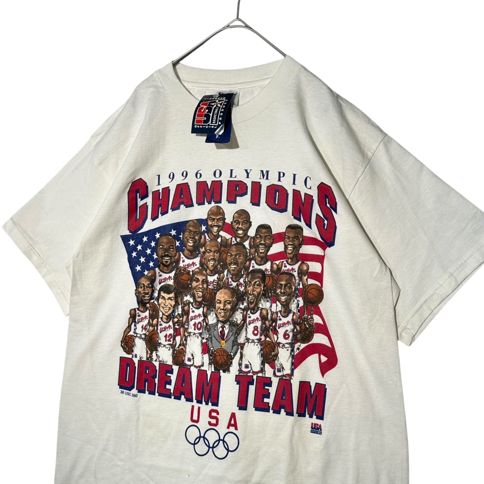VINTAGE(ヴィンテージ) 1996 OLYMPIC CHAMPIONS DREAM TEAM USA T-SHIRT オリンピック チャンピオンズ ドリーム チーム アメリカ Tシャツ L ホワイト×マルチカラー CHAMPIONボディ デッドストック 90年代