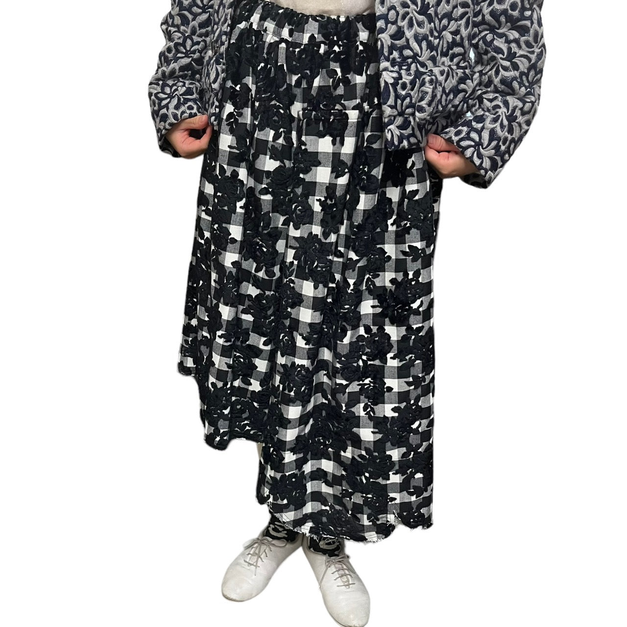 robe de chambre COMME des GARCONS(ローブドシャンブルコムデギャルソン) 04SSベルベットフラワー装飾チェック袴パンツ/本人期/稀少/川久保玲 RM-P005 SIZE FREE ブラック×ホワイト AD2003