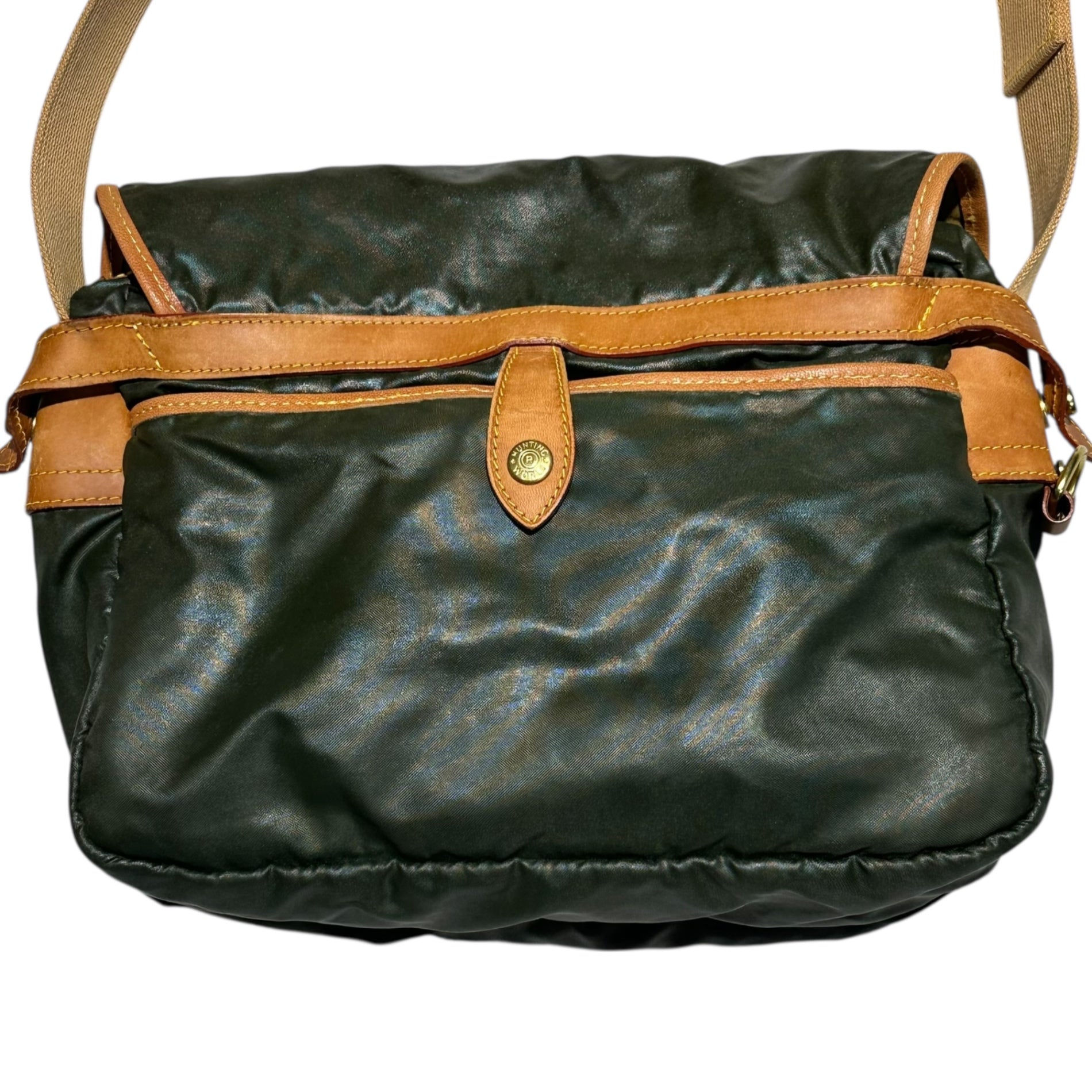 HUNTING WORLD(ハンティングワールド) Nylon leather messenger shoulder bag ナイロン レザー メッセンジャー ショルダー バッグ グリーン×ブラウン