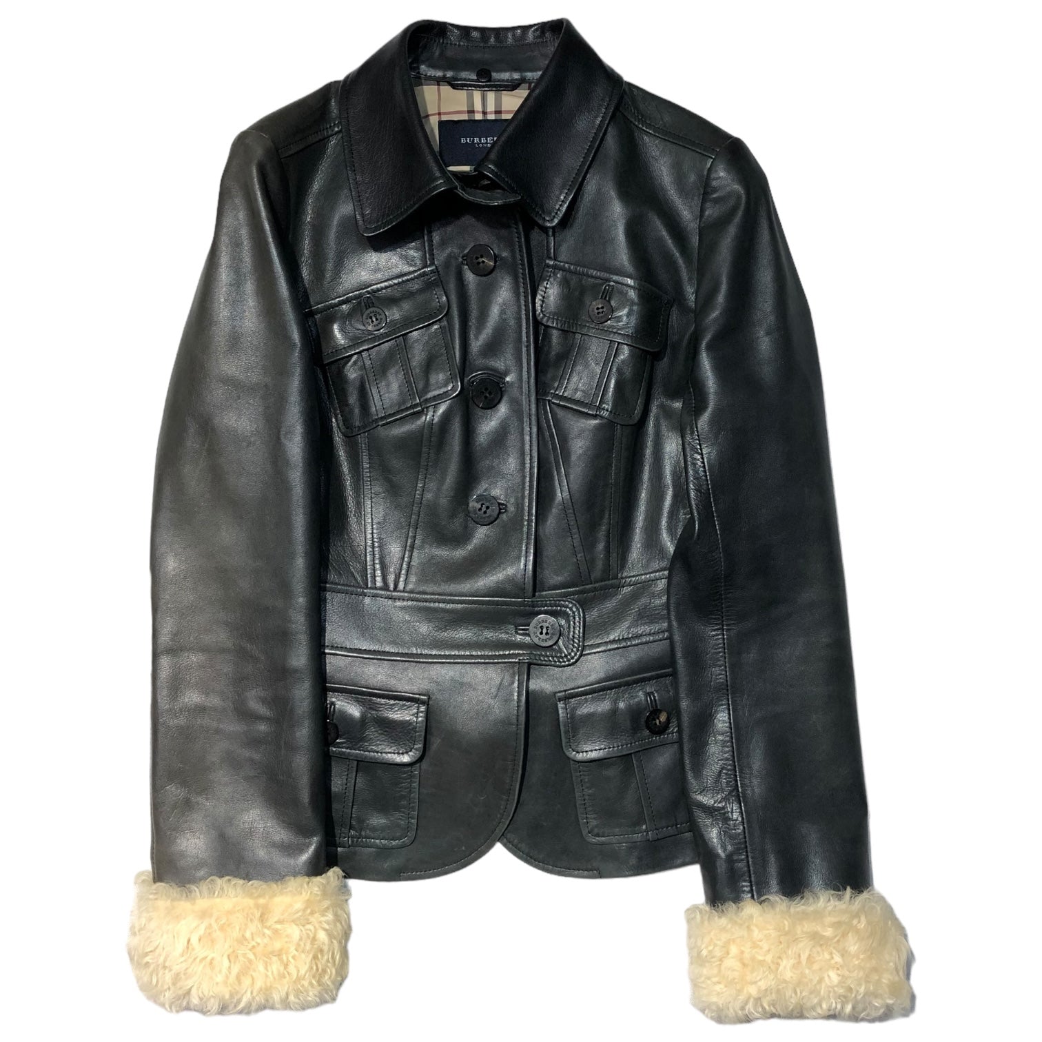 BURBERRY LONDON(バーバリーロンドン) ノヴァチェック ライニング ムートンファー レザー ジャケット FC061-788-09 38(M程度) ブラック