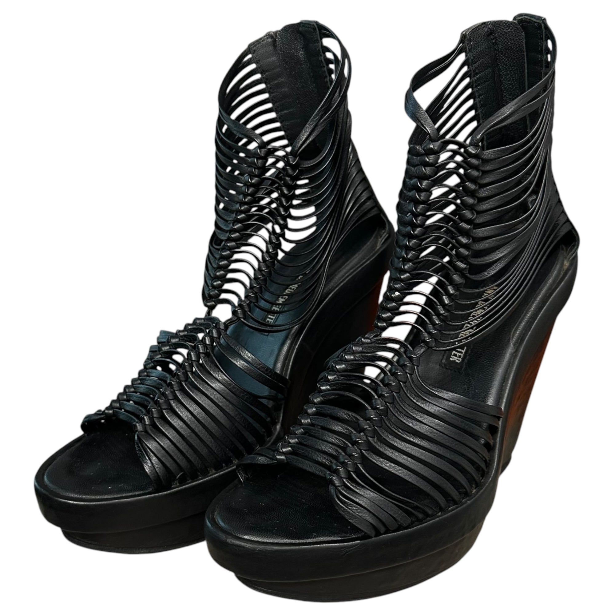 ANN DEMEULEMEESTER(アンドゥムルメステール) 12SS Gladiator Sandals - Wedge Sole ウエッジソール レザー グラディエーター サンダル 121-2805-295-099 37 ブラック レザー 本人期