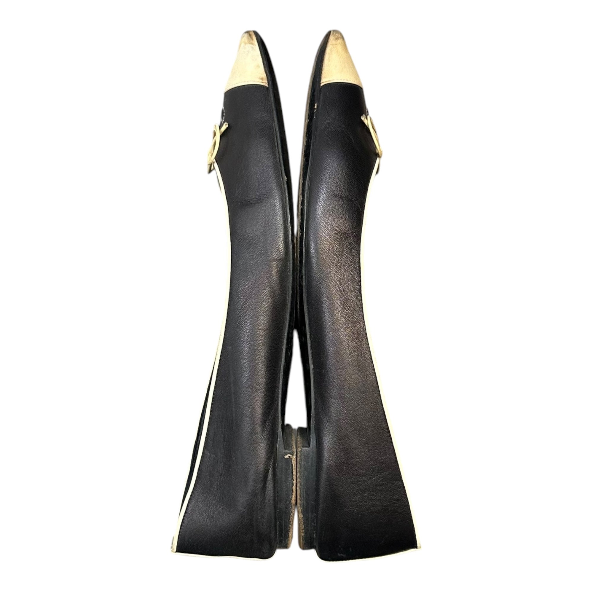 CHANEL(シャネル) Coco Stitch Two-Tone Flat Pumps ココ ステッチ バイカラー フラット パンプス 靴 37 1/2 C ブラック×アイボリー