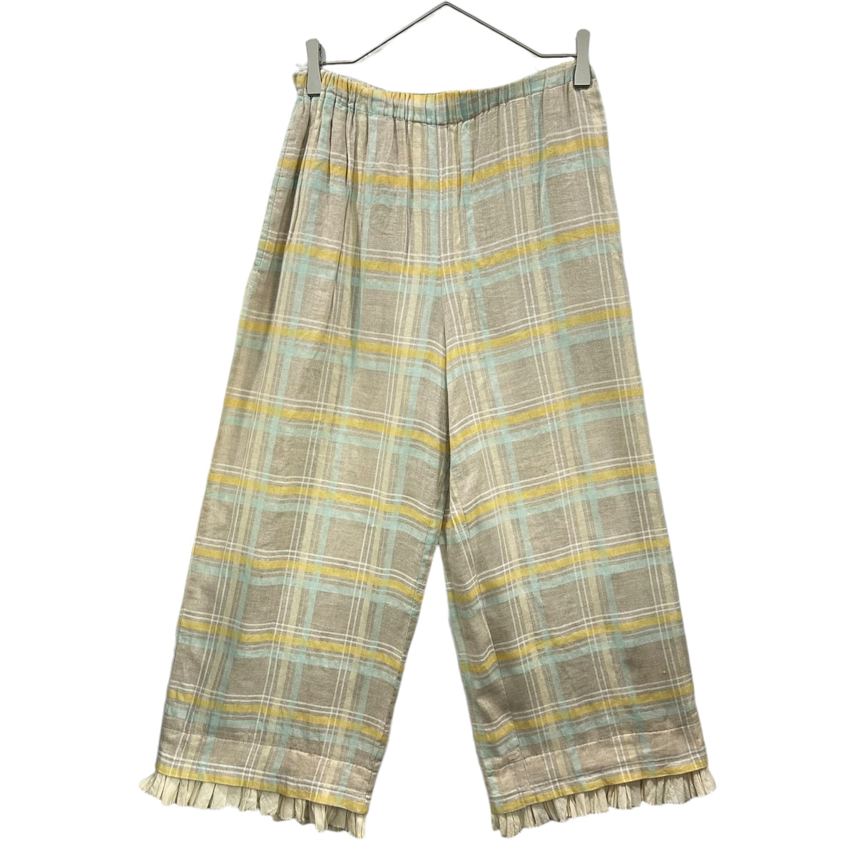 robe de chambre COMME des GARCONS(ローブドシャンブルコムデギャルソン) 2000SS Checked-Linen Pants with Ruffled Hem 裾 フリル 装飾 チェック リネン パンツ RP-100210 FREE ベージュ×ブルー×イエロー AD1999 00s アーカイブ 男性着用可能