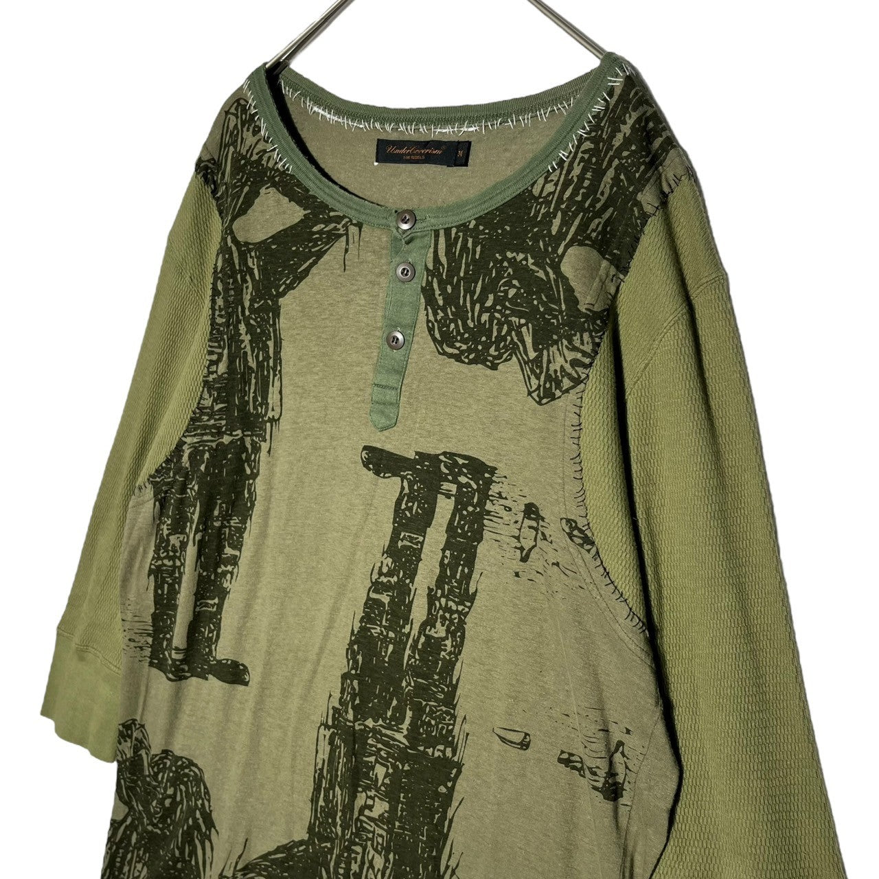 UNDERCOVERISM(アンダーカバイズム) 03SS SCAB期 Hand stitched long sleeve henley neck cut and sew ハンドステッチ 長袖 ヘンリーネック カットソー スキャブ 稀少 M カーキ×ブラック