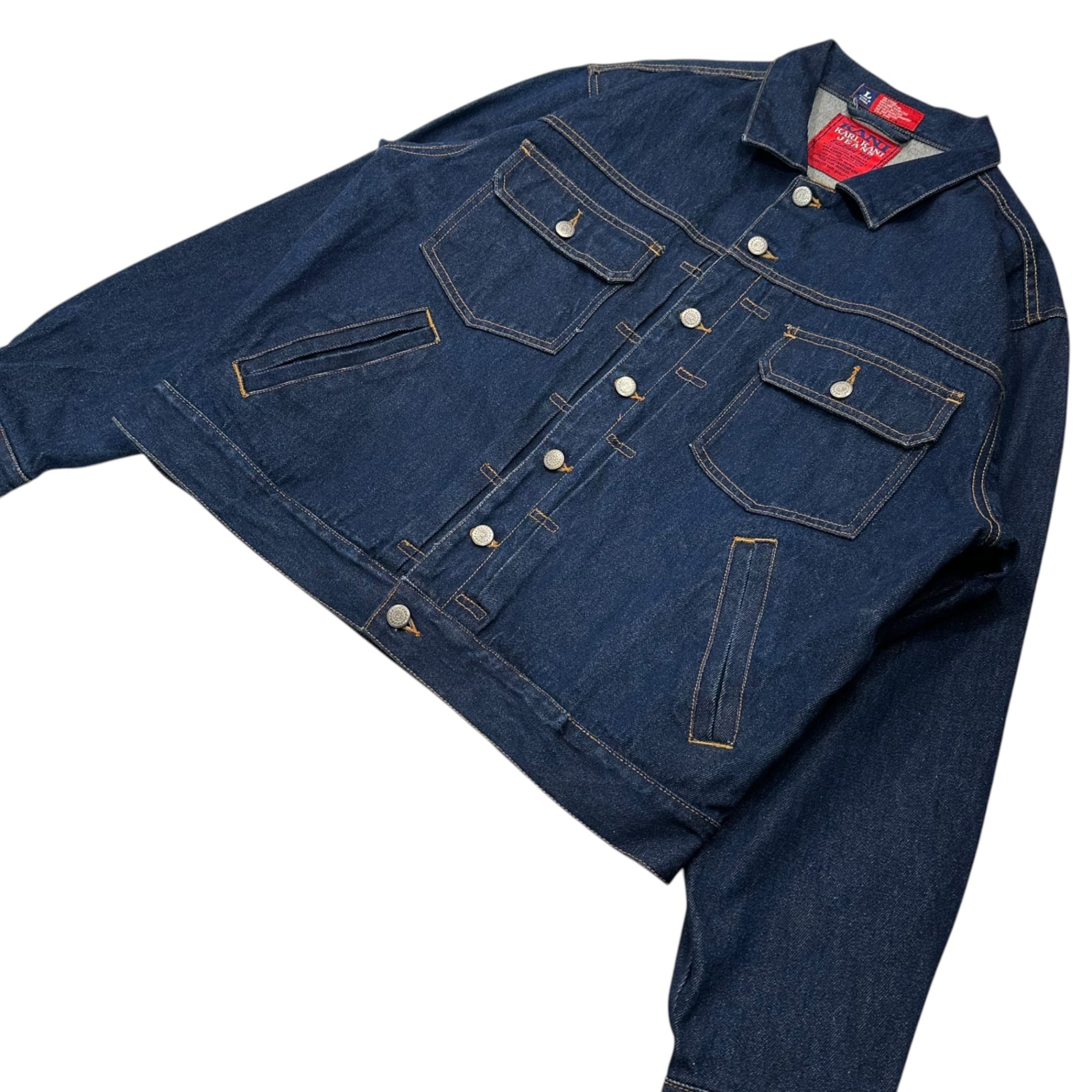 Karl Kani(カールカナイ) 90's Logo 2nd TYPE Denim Tracker Jacket ロゴ 刺繍 デニム トラッカー ジャケット L インディゴ 90年代 ヴィンテージ B系