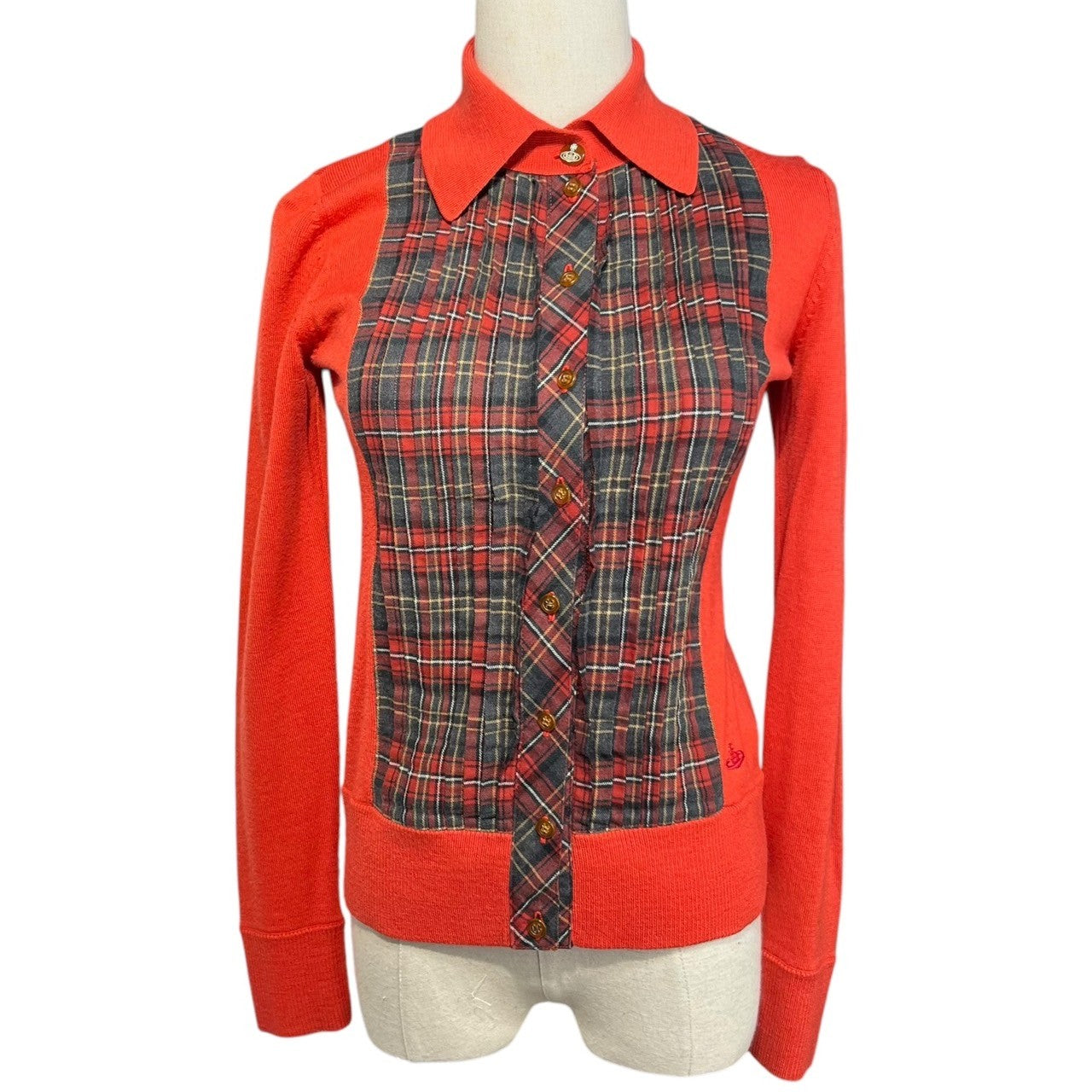 Vivienne Westwood RED LABEL(ヴィヴィアンウエストウッドレッドレーベル) 00's Front plaid gathered orb button cardigan フロント チェック柄 ギャザー オーブボタン カーディガン 357-01-17018 2(M) レッド オリゾンティタグ