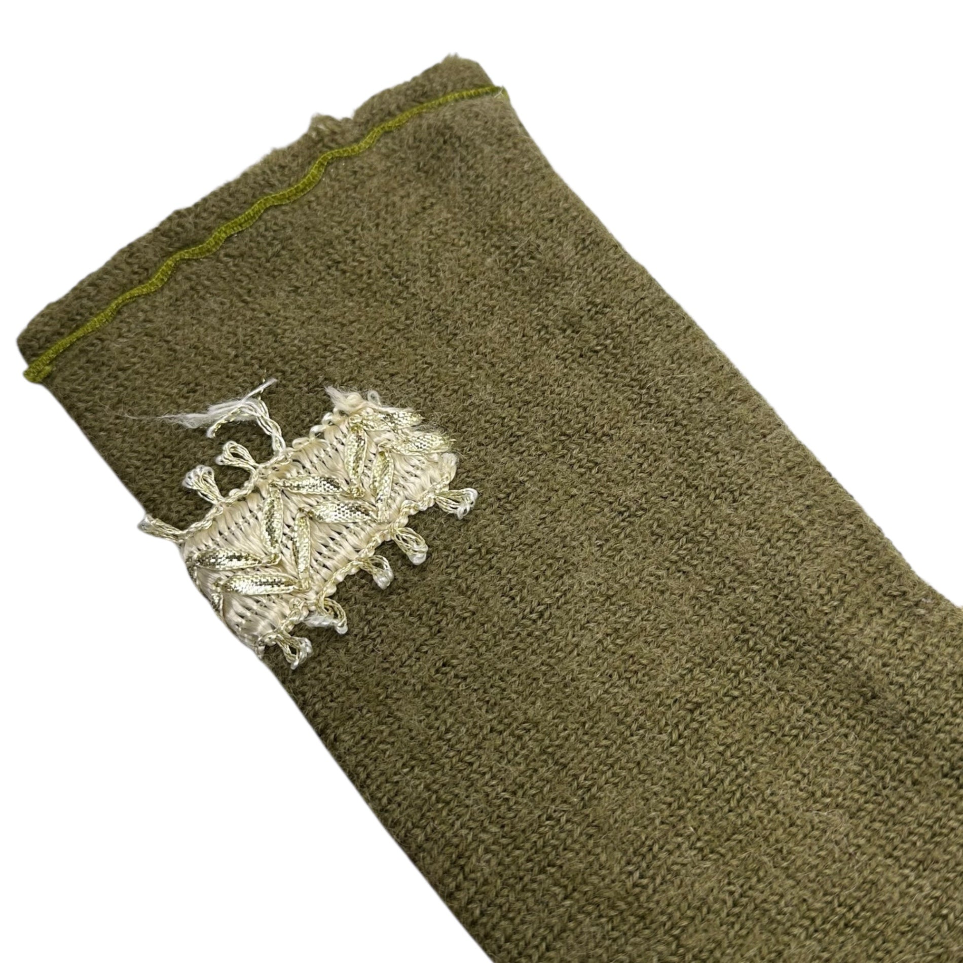 RehersalL(リハーズオール) Vintage lace-decorated scarf 古着リメイク レース 装飾 マフラー カーキ×アイボリー