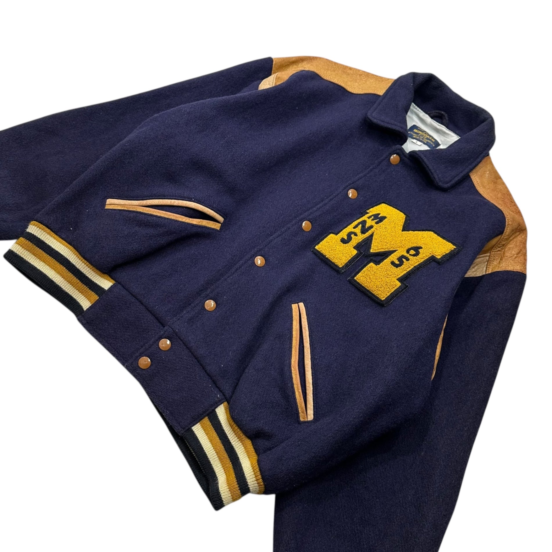 MONOGRAM(モノグラム) Leather Patchwork Bomber Jacket レザー 切替 スタジャン L ネイビー×ブラウン