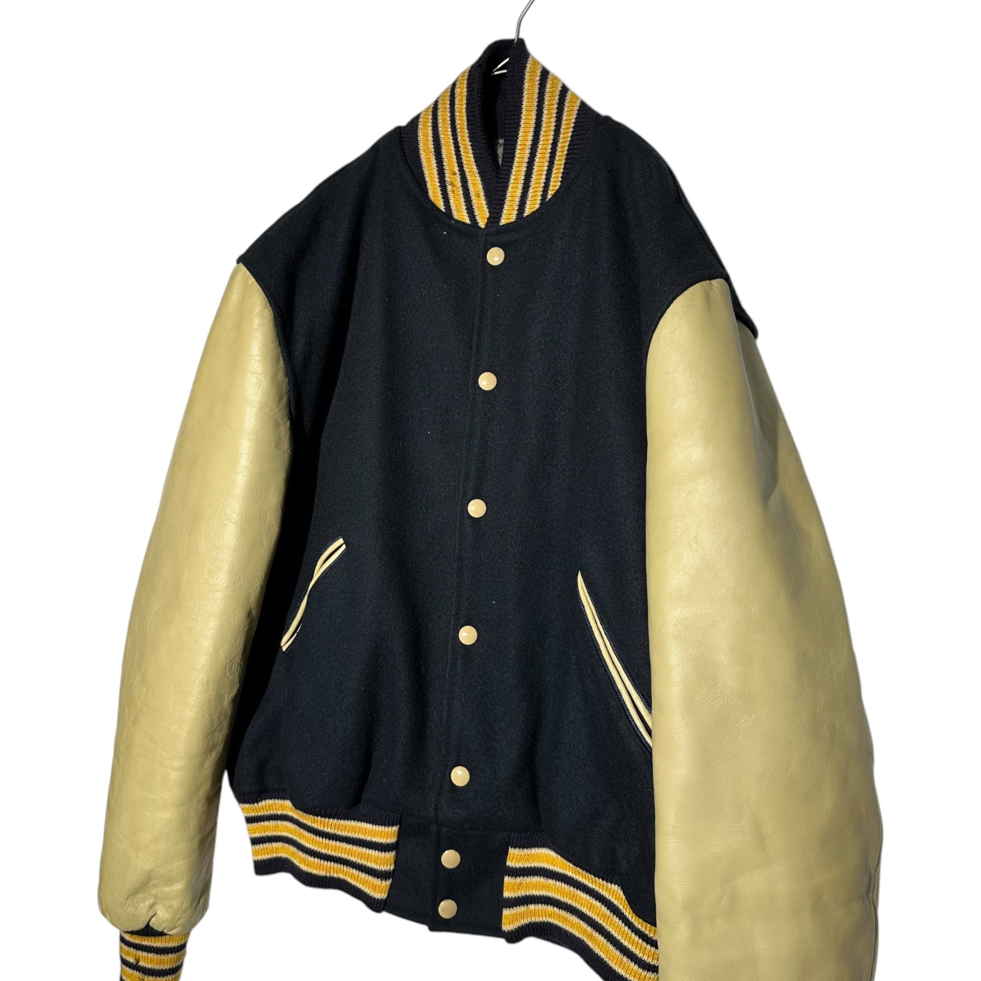 CATCH BALL(キャッチボール) 80's USA made Stadium Jacket スタジアム ジャケット 42(L程度) ネイビー×ベージュ 80年代 ヴィンテージ 古着 スタジャン ブルゾン レザー袖 ウール USA製