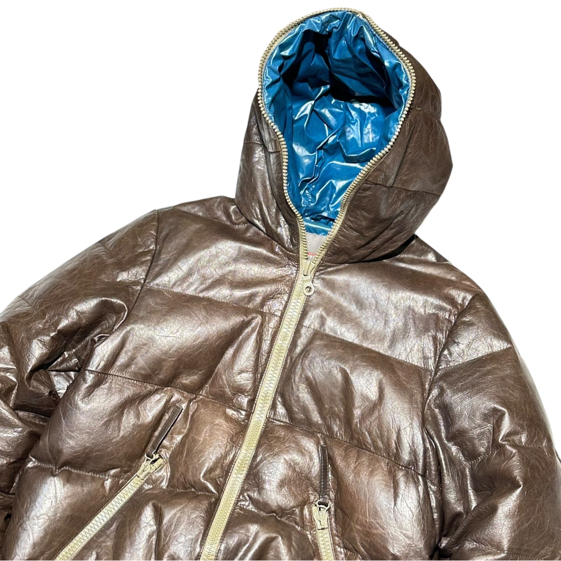 DUVETICA(デュベティカ) Lamb Leather Hooded Down Jacket ラムレザー フーデッド ダウン ジャケット U.2250.00.-1068 50(L) ブラウン×ブルー