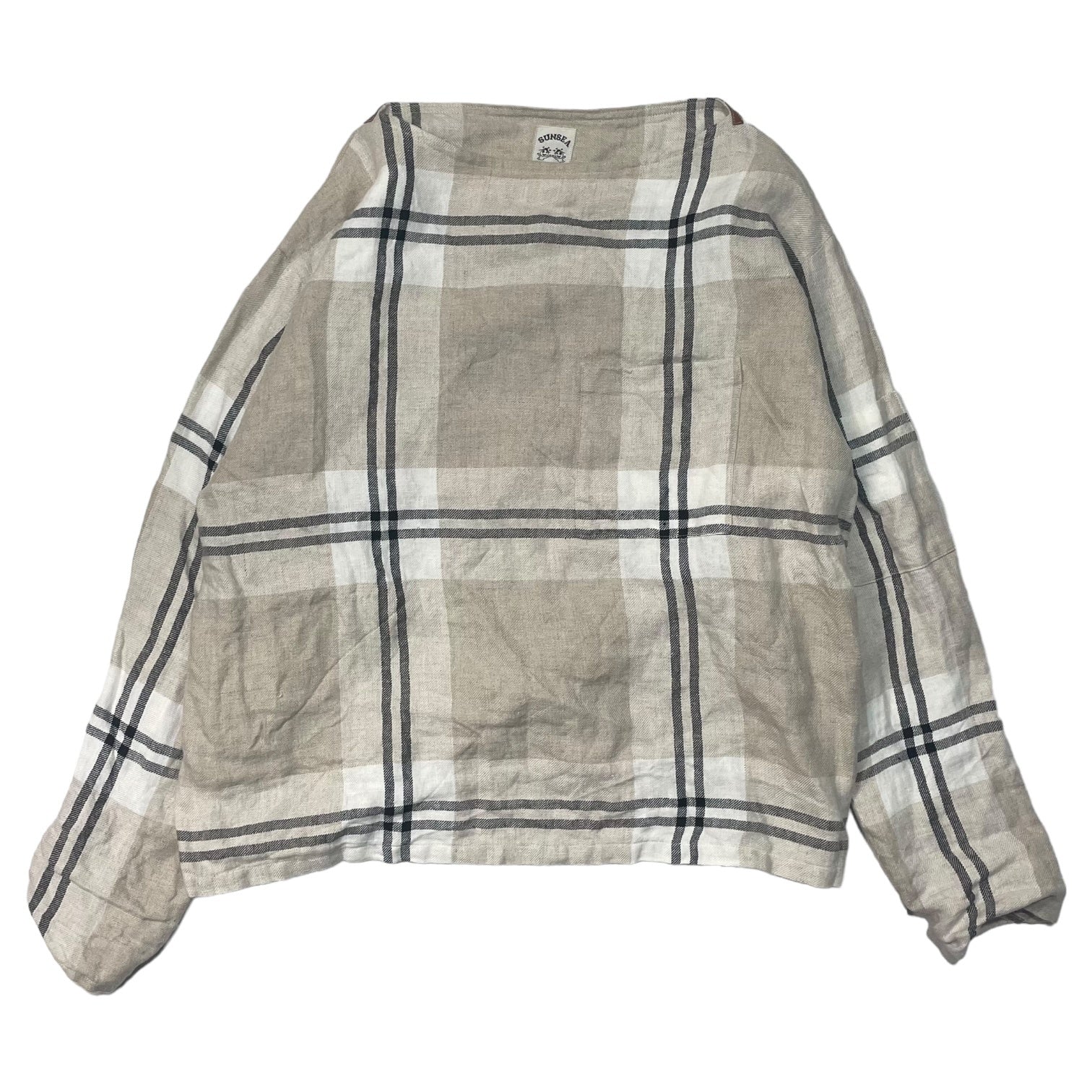 SUNSEA(サンシー) 21SS LINEN CHECK BOAT-NECK SHIRT リネン チェック ボートネック シャツ 長袖 カットソー SIZE 2(M) アイボリー×ブラック