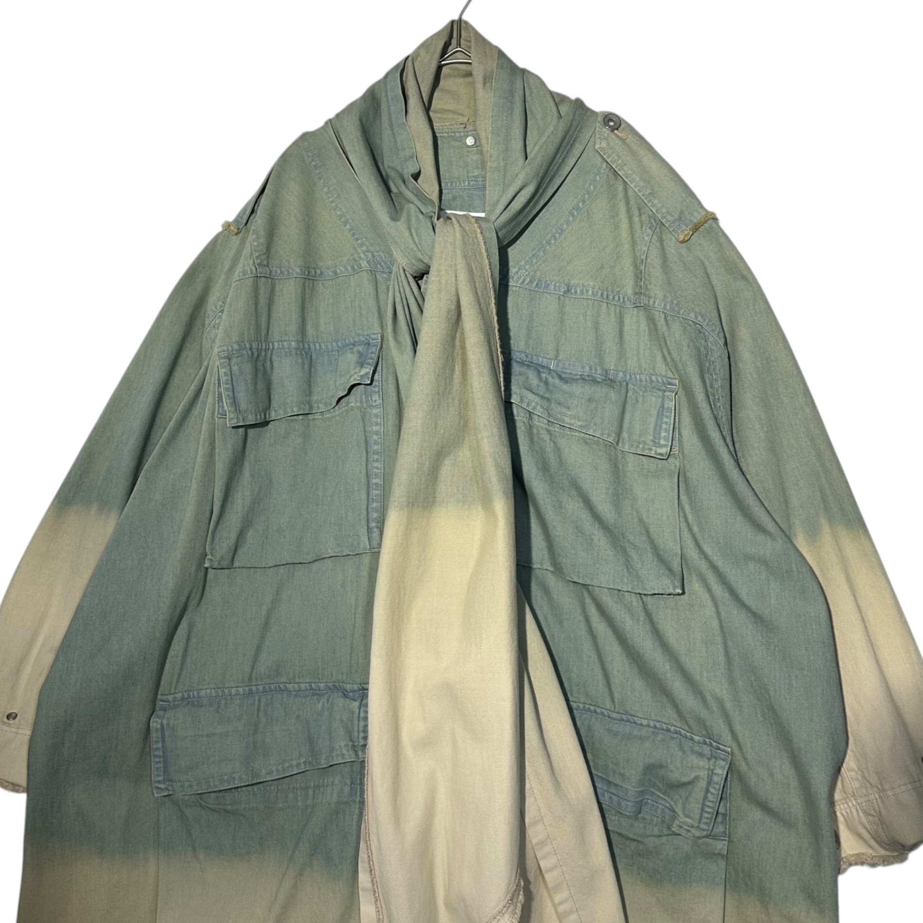 tac:tac(タクタク) 2WAY Stole Bleached Denim Long Coat ストール ブリーチ加工 デニム ロング コート TA11FA012 S ライトインディゴ×ホワイト