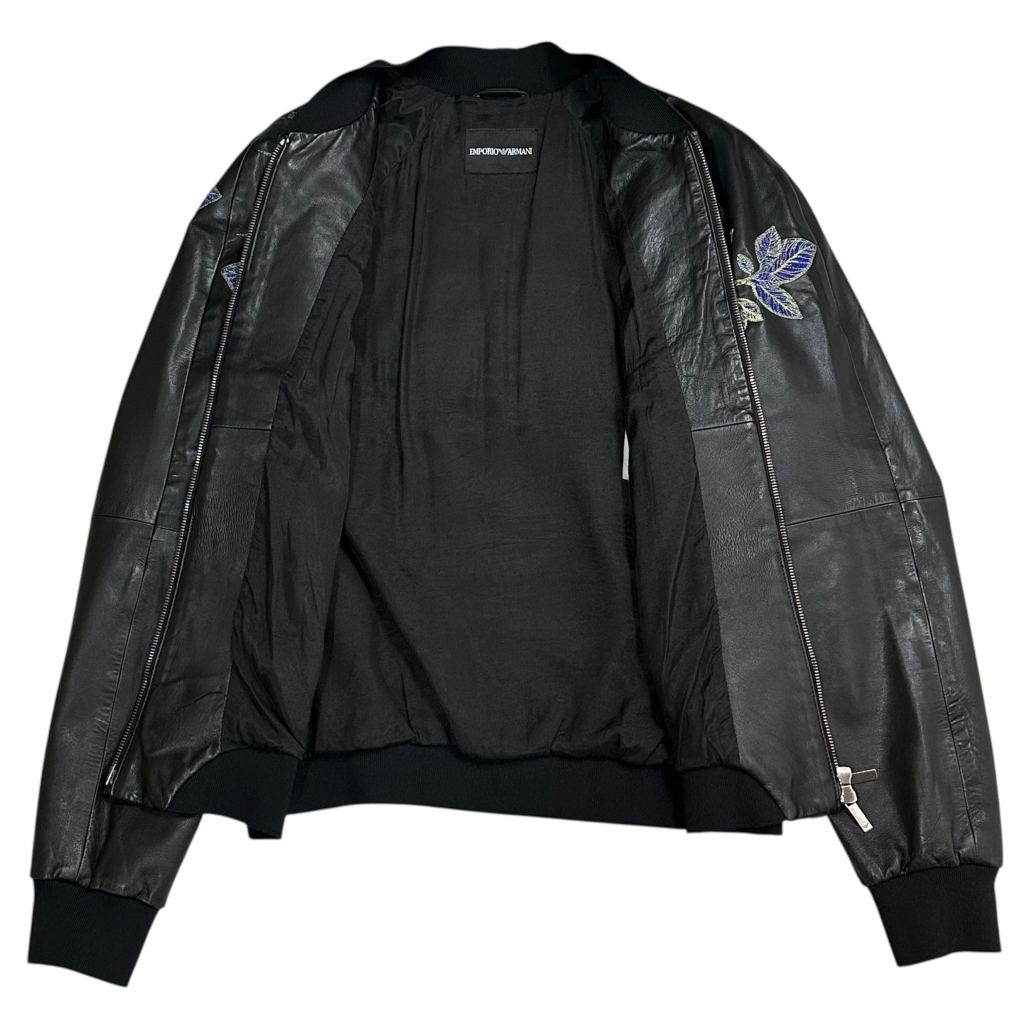 EMPORIO ARMANI(エンポリオアルマーニ) 17SS Plant Embroidery Leather Bomber Blouson 植物 刺繍 レザー ボンバー ブルゾン V1R13P V1P16 48(M程度) ブラック×ブルー 2017年 ミラノコレクション