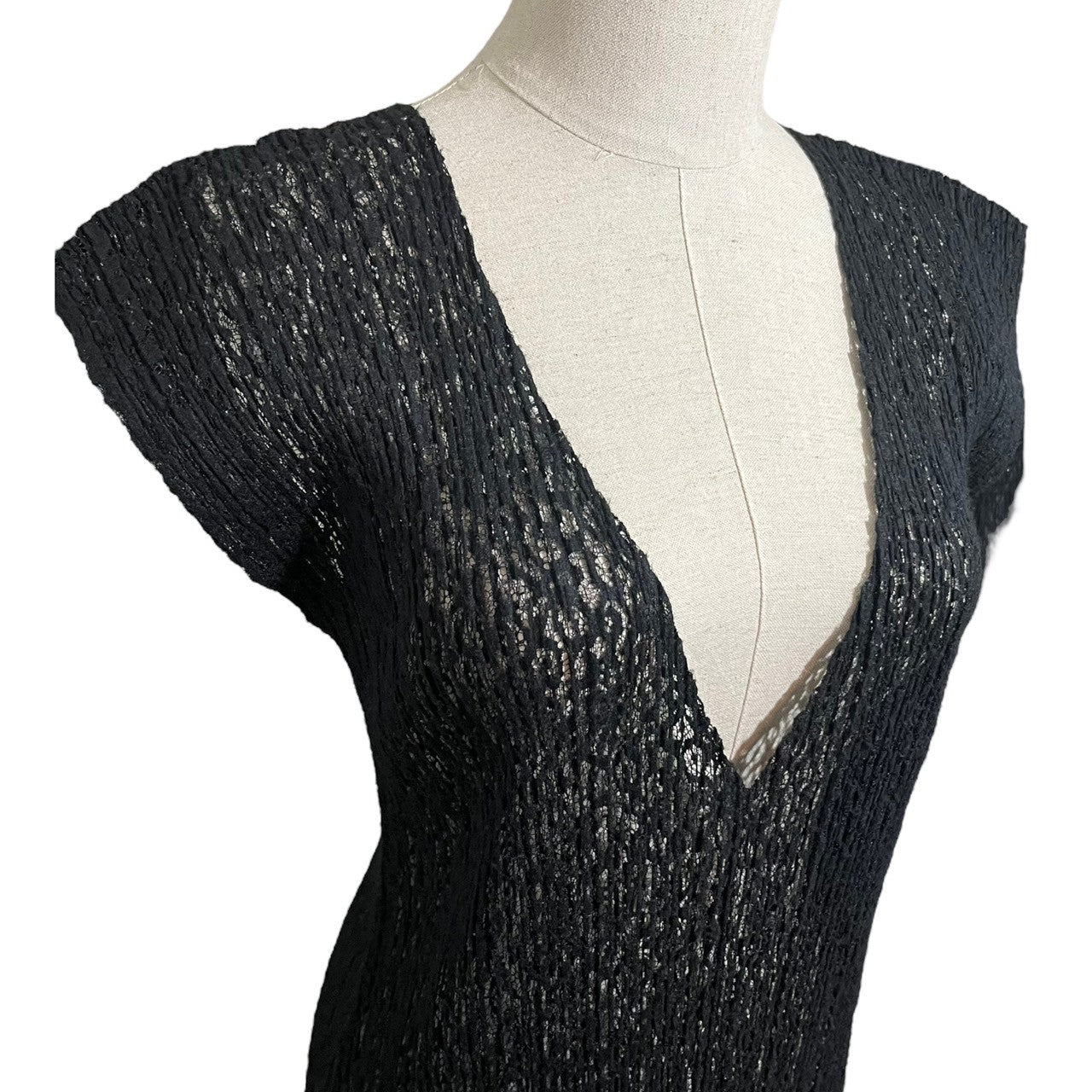 PLEATS PLEASE(プリーツプリーズ) 15AW Lace pleated dress 総レース プリーツ ワンピース PP53-JK754 3(L程度) ブラック V オープン ネック メッシュ ノースリーブ ドレス