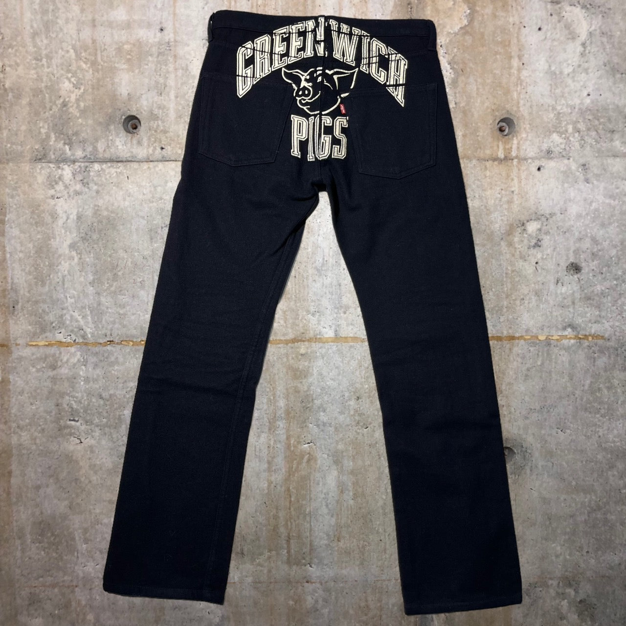 COMME des GARCONS JUNYA WATANABE MAN×LEVI'S(コムデギャルソンジュンヤワタナベマン×リーバイス) 02AW college logo wool pants/カレッジペイントウールパンツ WG-P045 S ネイビー×ホワイト AD2002 JUNYA WATANABE立ち上げ最初期 豚プリント