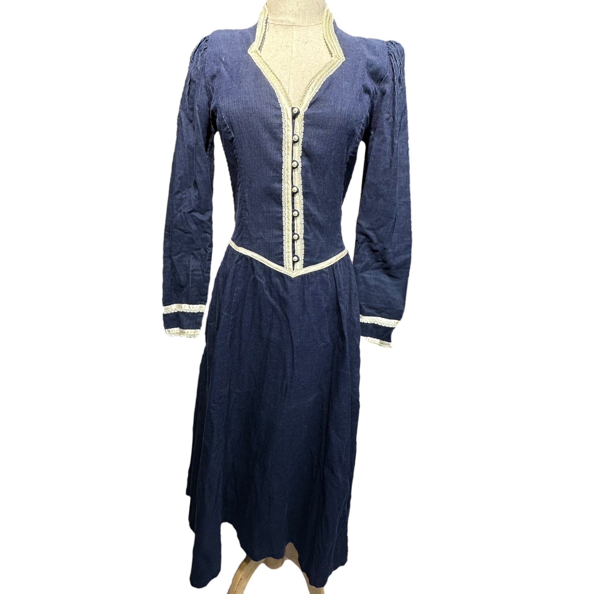 GANNE SAX(ガニーサックス) 70's Pearl Button Puff Sleeve Corduroy Long Dress パールボタン パフスリーブ コーデュロイ ロング ワンピース 5(7号 S程度) ネイビー 70年代 ヴィンテージ