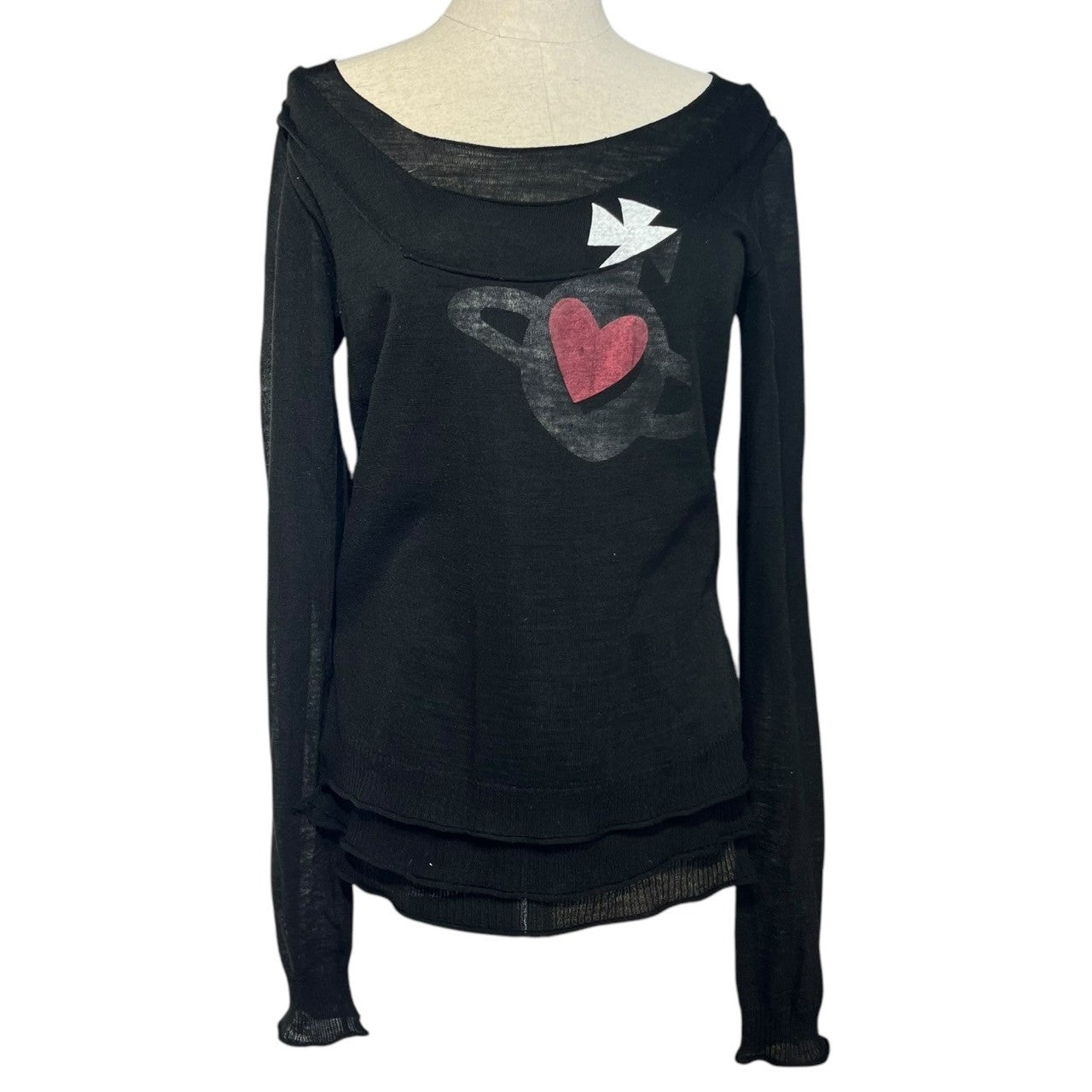 Vivienne Westwood RED LABEL(ヴィヴィアンウエストウッドレッドレーベル) 00's Heart print layered high gauge knit ハート プリント レイヤード ハイゲージ ニット 357-01-17036 3(L) ブラック オリゾンティタグ