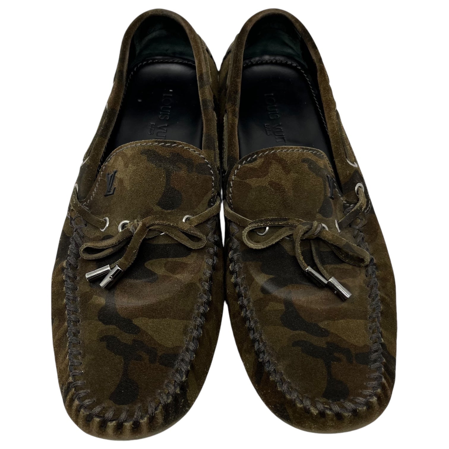 LOUIS VUITTON(ルイヴィトン) Camouflage moccasin driving shoes カモフラ モカシン ドライビング シューズ 製造番号:ND0133 9 1/2(27.5cm~28cm程度) カーキ 迷彩 ロゴ ローファー スリッポン