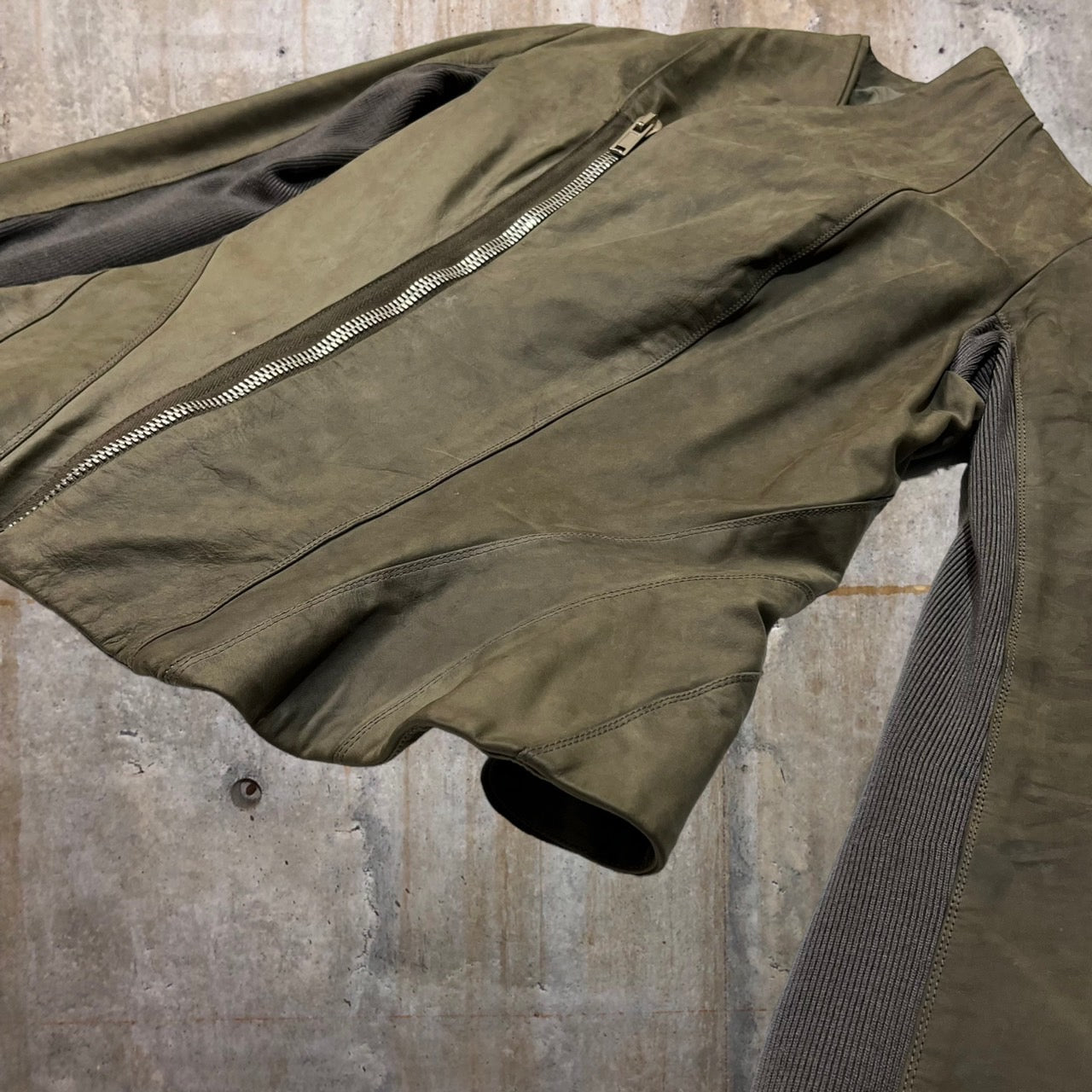 Rick Owens(リックオウエンス) rib knit leather jacket/リブニット切替スタンドカラーレザージャケット/ライダースジャケット RP9712/LT 40(Lサイズ程度) ブラウン